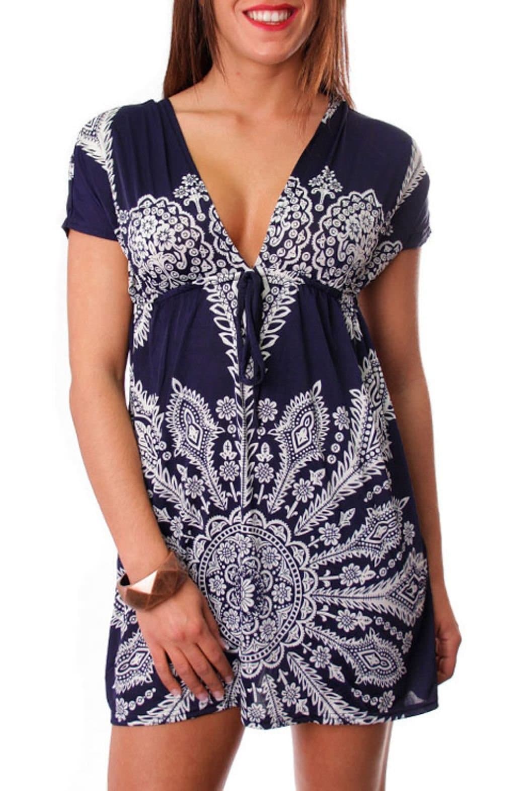 Women Form Fitting Short Sleeve Blue & White Dress (Small)