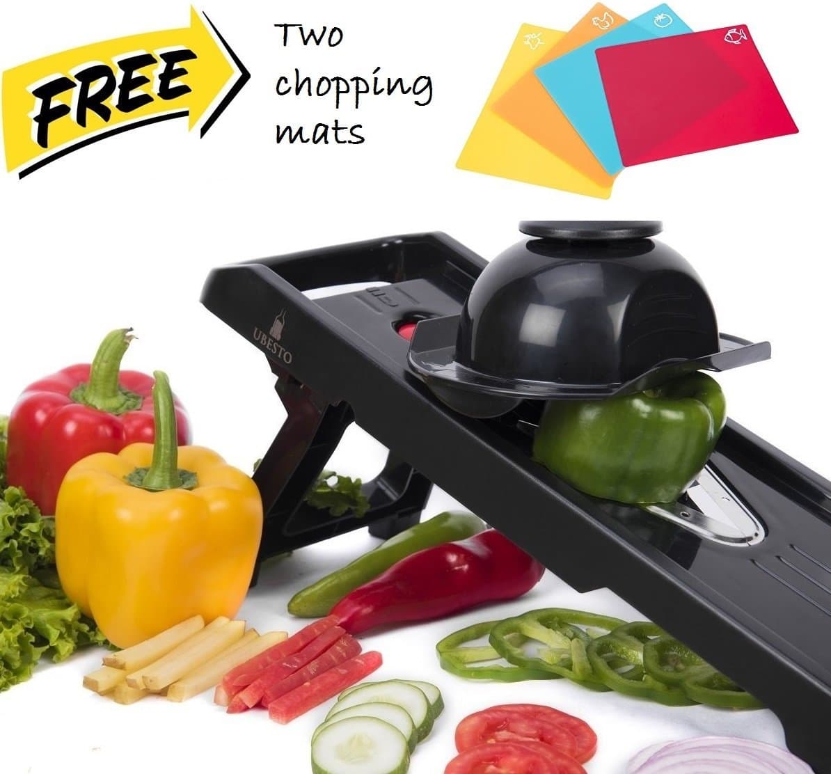 Professional 5 Blade Mandoline V Slicer by Ubesto | Premium Stainless Steel V Blade for Super Sharpness | Includes 2 BONUS Silicone Chopping Mats & Detailed Instructions (BLACK)