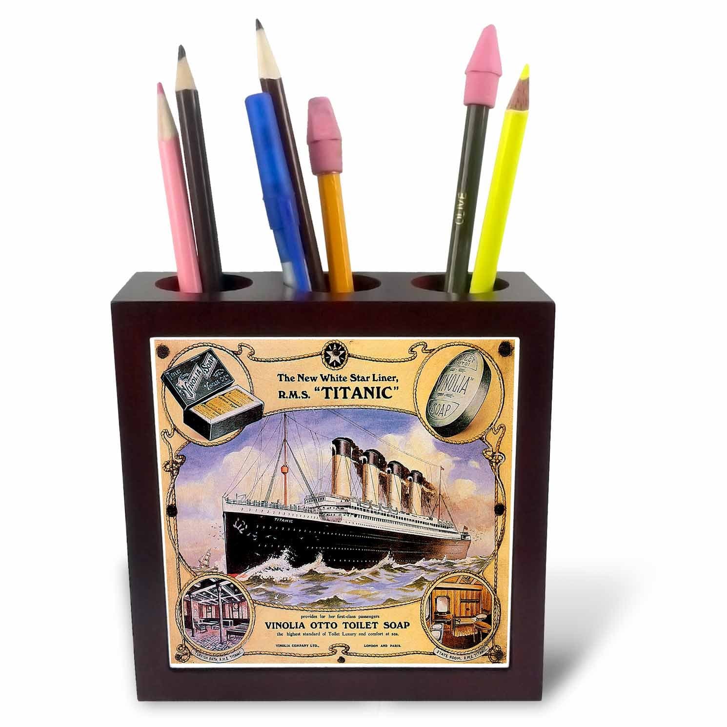 3dRose Vintage White Star Line Titanic Vinolia Otto Toilet Soap Advertising Poster Tile Pen Holder, 5" (ph_149245_1)