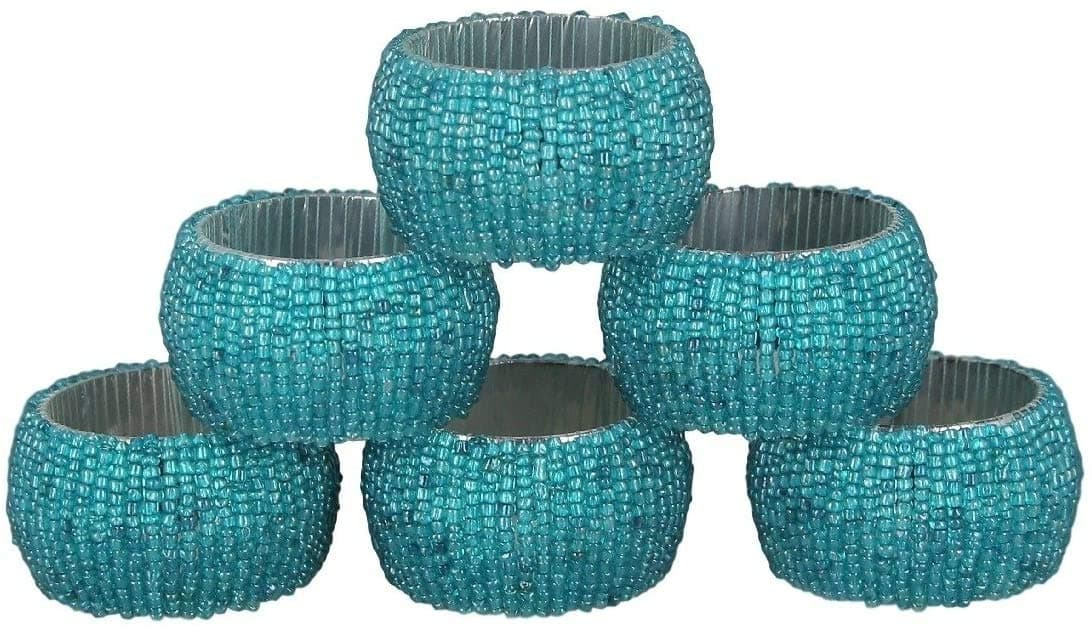 YourKart Handmade Indian Beaded Napkin Rings for Christmas, Thanksgiving, Holiday Party, Dinner Party - Napkin Holder Set of 6 (Turquise), MN-yourkart_napkin_ring_turquise