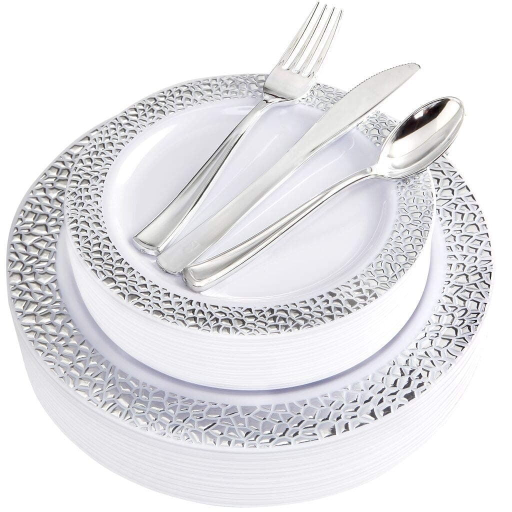 BUCLA 25 Guest Silver Plastic Plates with Disposable Plastic Silverware, Hammered Design Plastic Tableware include 25 Dinner Plates,25 Salad Plates,25 Forks, 25 Knives, 25 Spoons