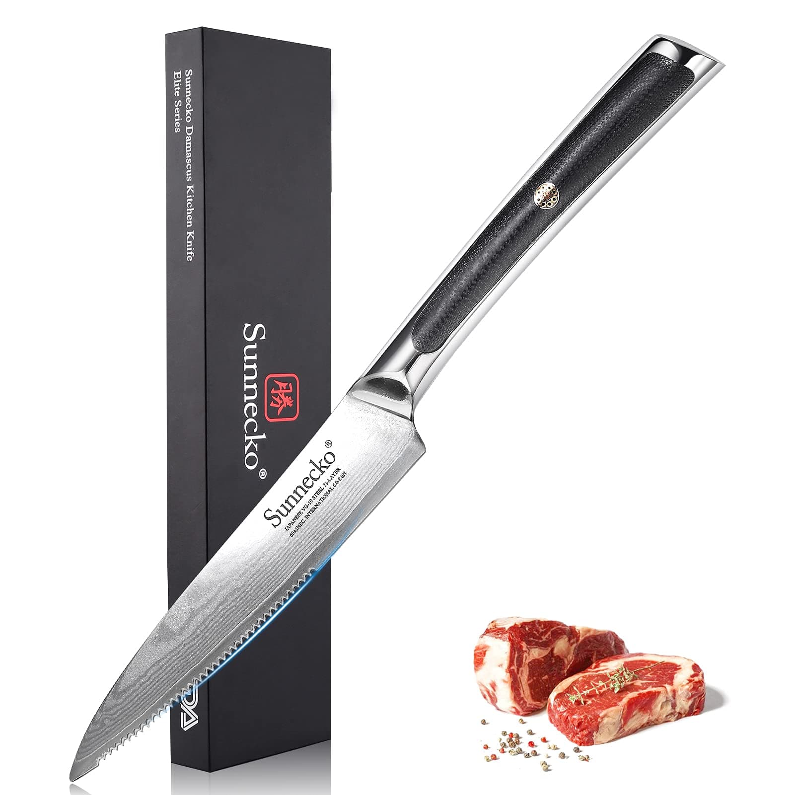 Sunnecko Steak Knife, Serrated Knife 5 inch Forged Japanese Damascus Knife 73 Layers VG-10 Damascus Steel with Ergonomic G10 Handle Kitchen Knife for Dinner