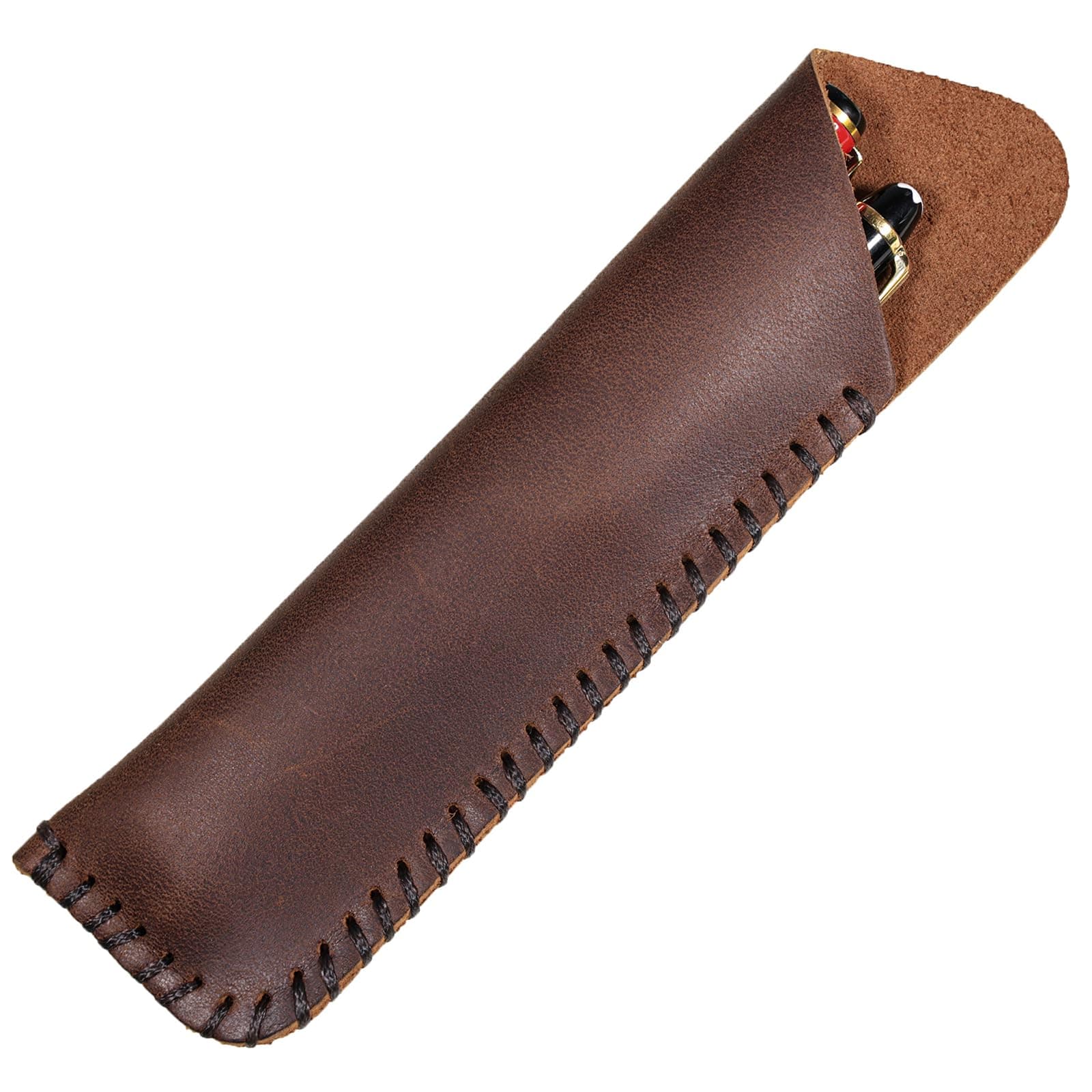 DK86 Handmade Genuine Leather Double Pen Case Fountain Pen Sleeve Holder Pouch Cover Vintage (Coffee)