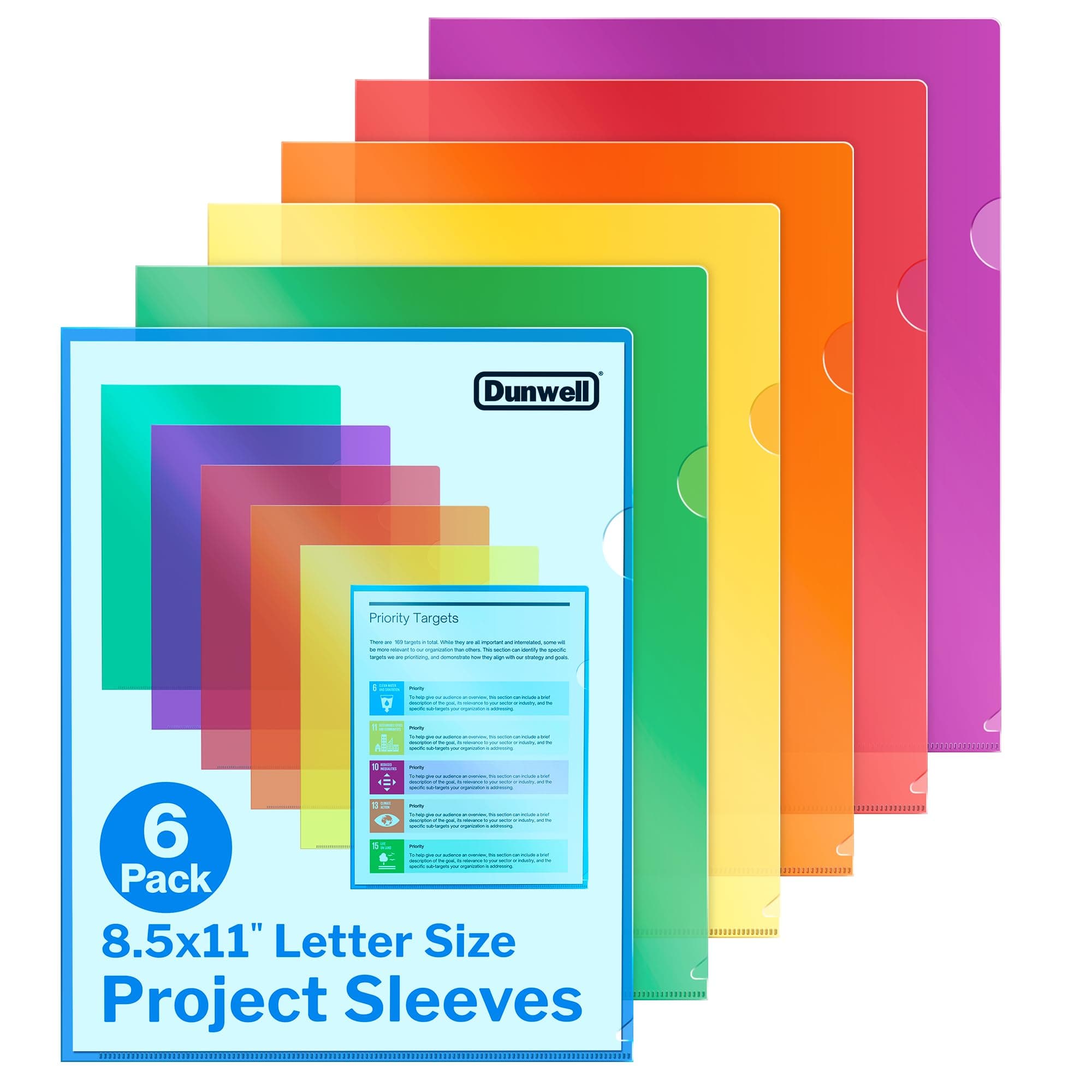 Dunwell クリアプラスチックフォルダースリーブ (6パック、アソートカラー)、アシッドフリーポリプロジェクトスリーブ、レターサイズ8.5x11ドキュメント用ファイルジャケット