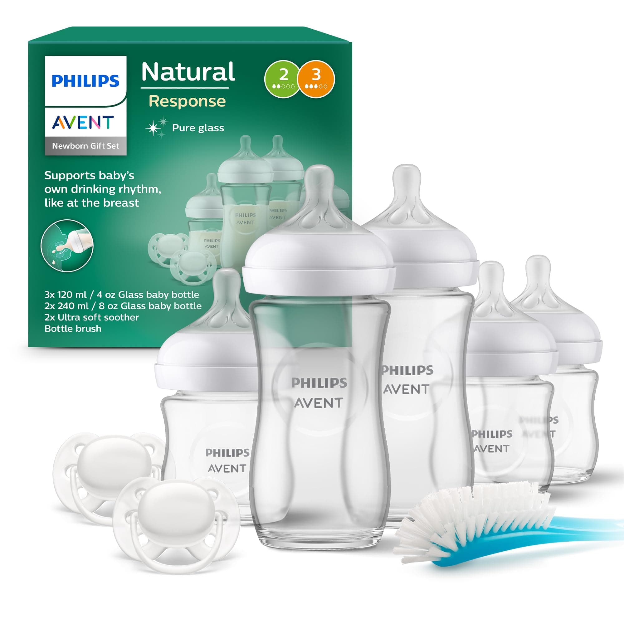 Avent Natural Response Newborn Glass Gift Set - 5 x Baby Bottles, 2 x Philips Avent Ultra Soft Soother 0-6 Months, Bottle Brush, BPA Free (Model SCD879/11)