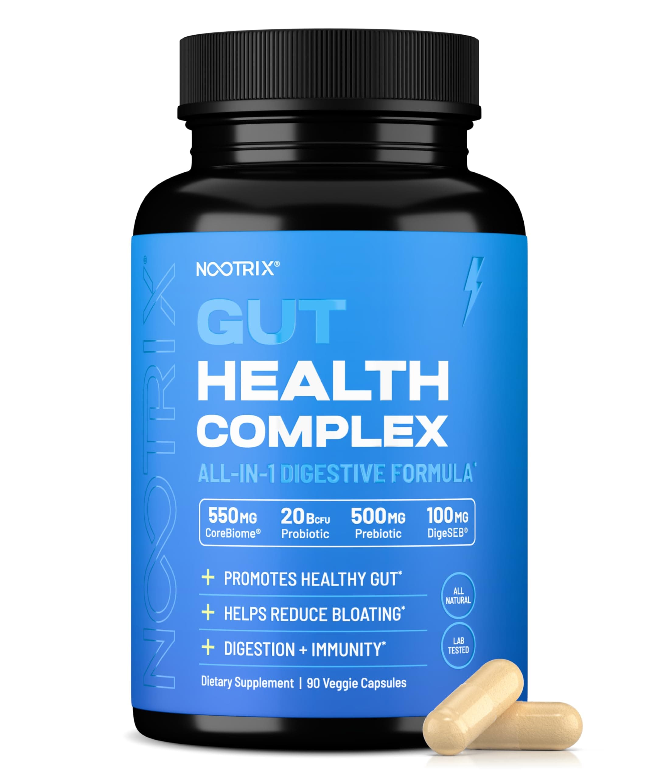 Nootrix Gut Health Complex Supplement | Probiotics for Gut Health, Colon Cleanse & Bloating Relief | Promotes Healthy Digestion | Digestive Enzymes, Postbiotics & Prebiotics | 90 Capsules