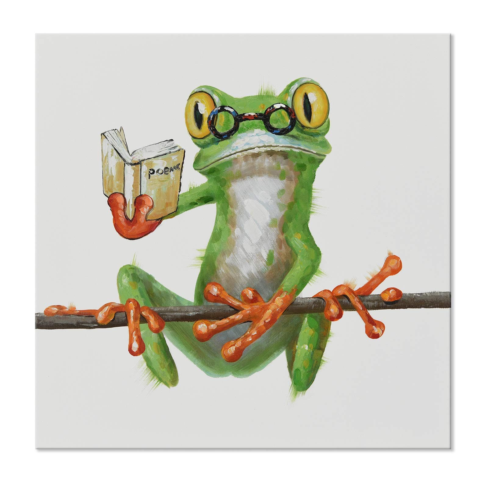SEVEN WALL ARTS - Modern Animal Frog Painting Cute Frog Reads Book on Branch Picture Painting with Stretched Frame Wall Art for Living Room Ready to Hang 24 x 24 Inch