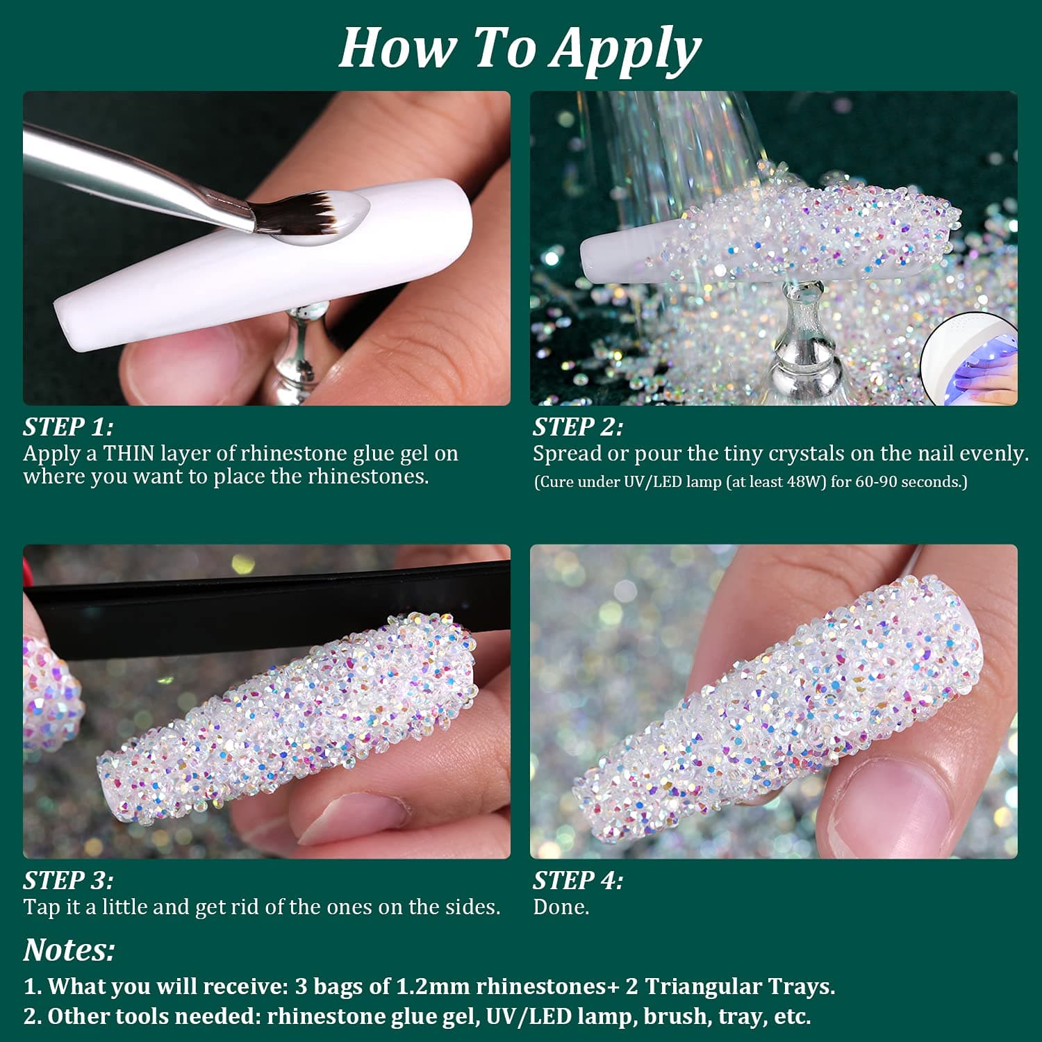 BELLEBOOST 15000Pcs Ultra Mini 1.2mm AB Diamond Beads Glass Sand Shine Rhinestones Iridescent Crystals Long Lasting Like Swarovski for Nail Art 3D Decorations DIY Crafts with 2Pcs Triangle Trays