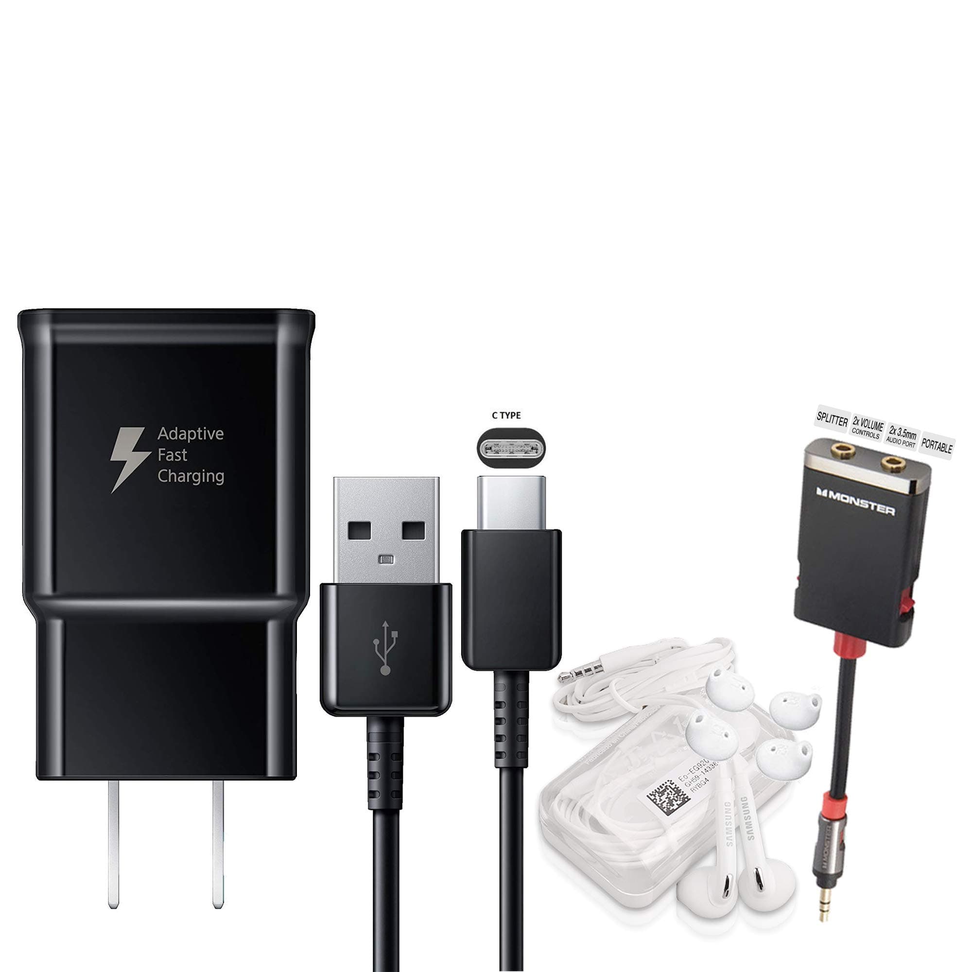 Offical OEM Samsung Adaptive Fast Charging Black Charger - for Samsung Galaxy S8/S9/S10+/Note8/Note9 & W/Headset & Splitter (Combo Pack)