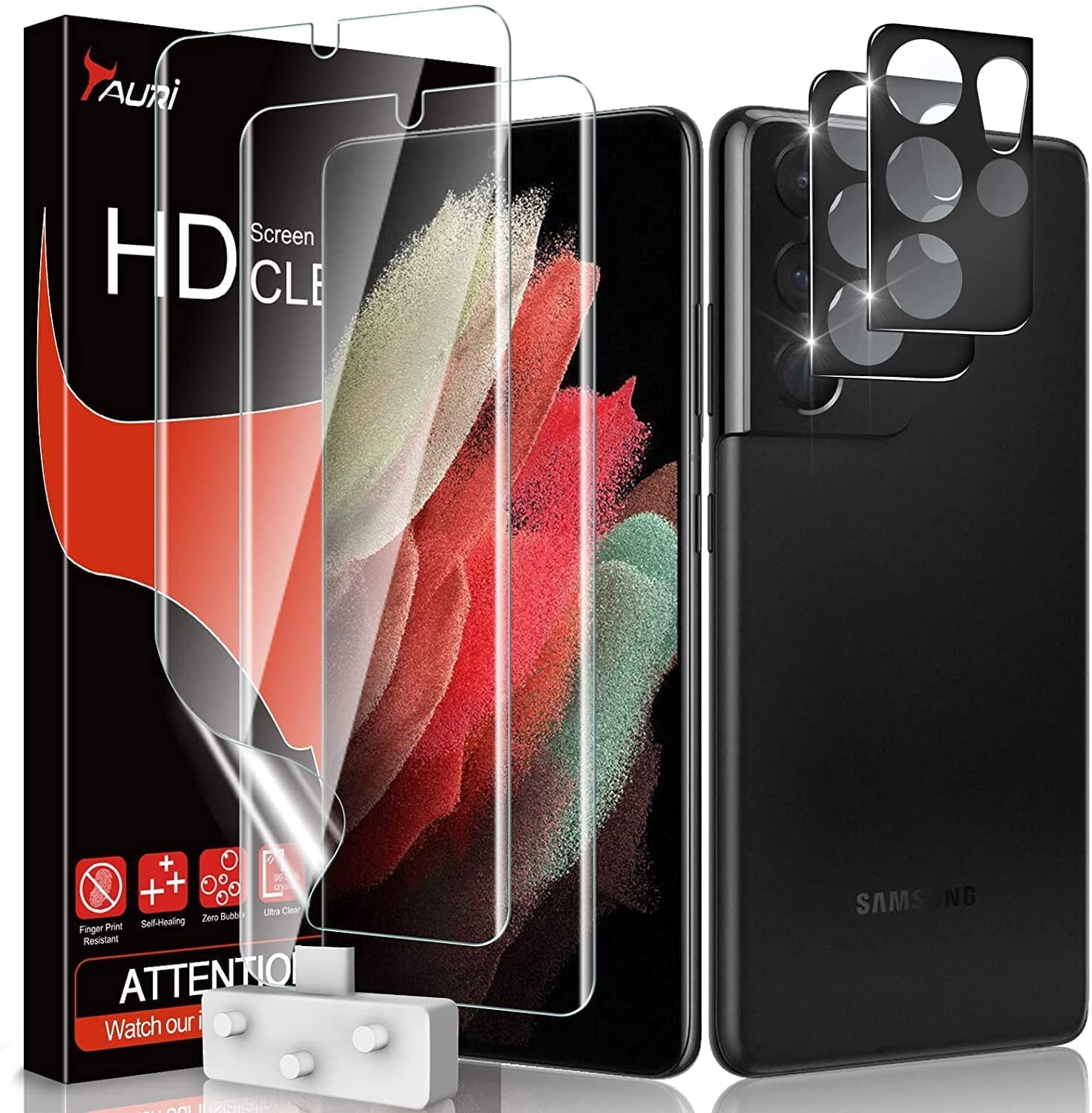 TAURI [Designed for Samsung Galaxy S21 Ultra 5G, 2 Pack Flexible TPU Screen Protector + Camera Lens Protector, Support Fingerprint Unlock, Easy Installation, Bubble Free]
