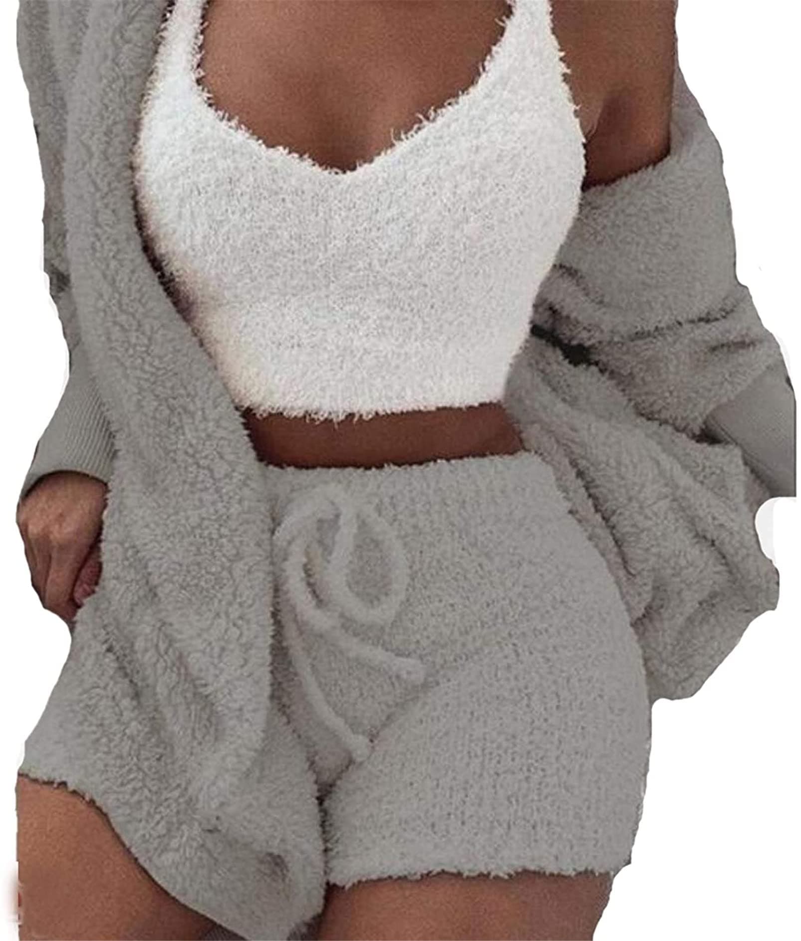 Women's Winter Plush Home Wear Casual 3 Piece Pajamas Long Sleeved Fluffy Hooded Jacket with Open Front Coat & Shorts & Vest Suit Fashion Keep Warm Clothes