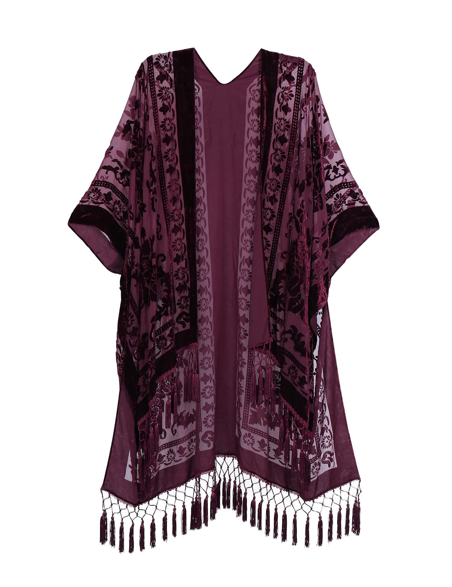 Women's Burnout Velvet Kimono Long Cardigan Cover Up With Tassel