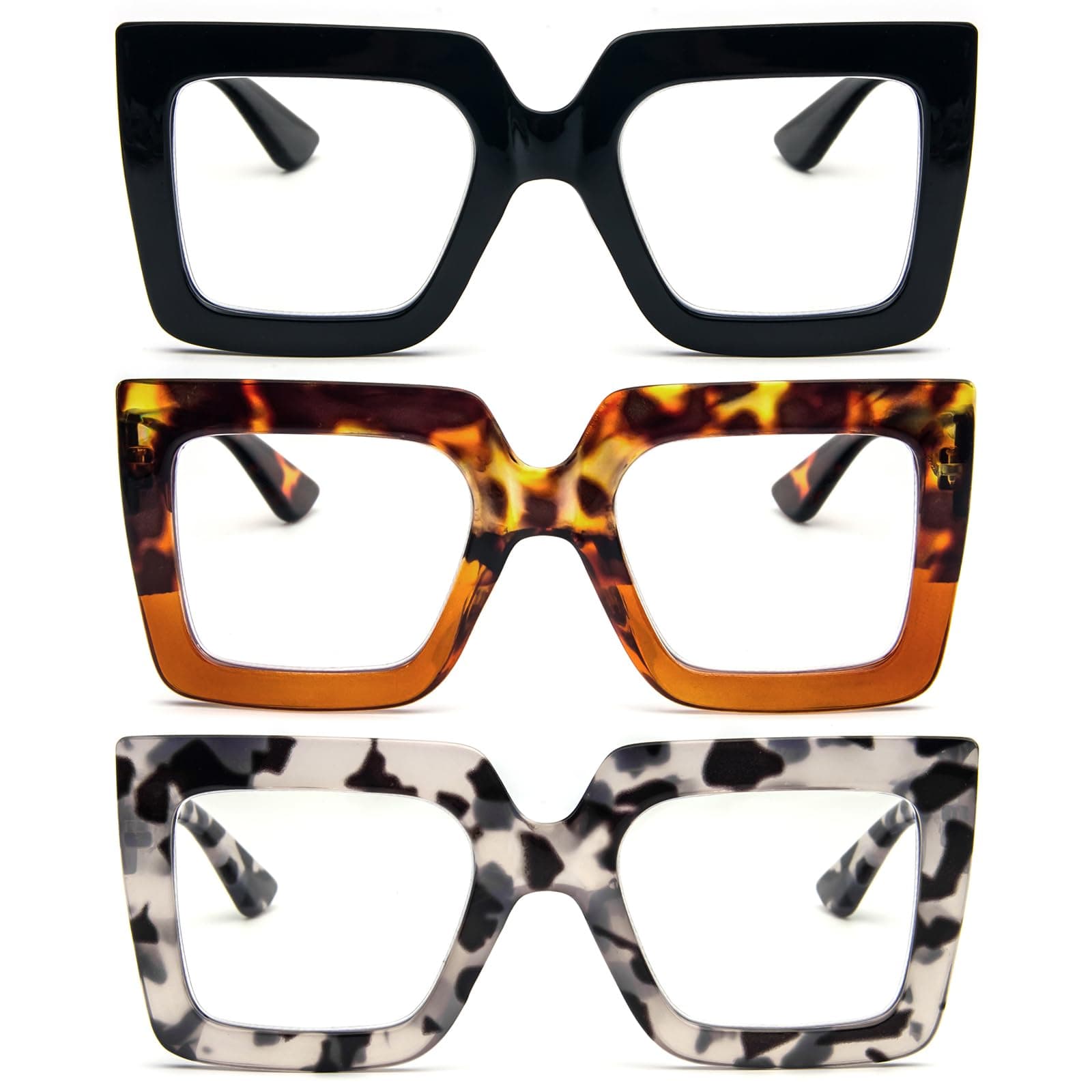 Reading Glasses 3 Pack Large Square Frame with Spring Hinges Women Men - Anti Blue Light Computer Reader +1.5