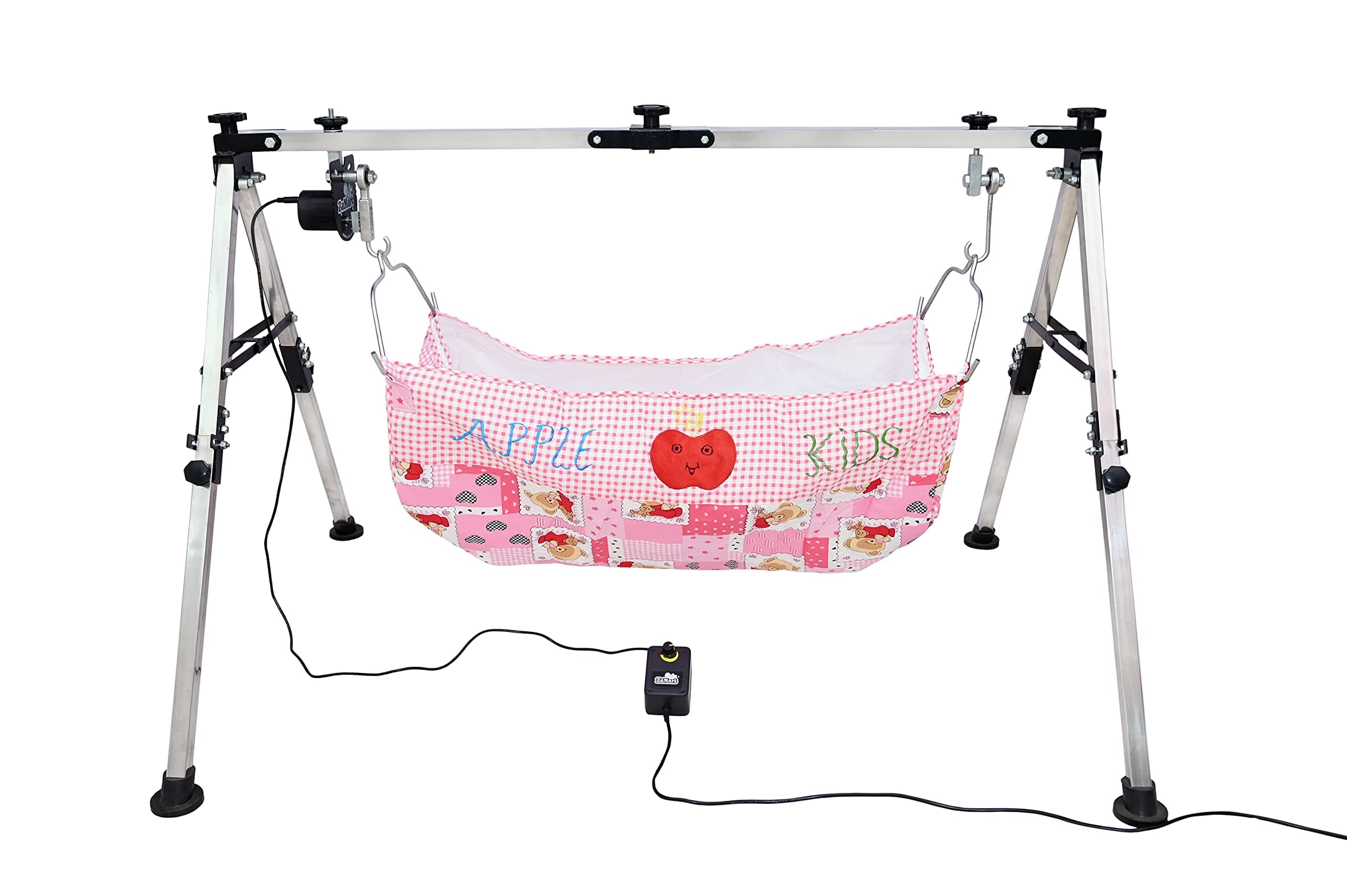 ZuMart® Baby Boy's and Girl's Portable Folding Swing Baby Cradle Ghodiyu Palna with Hammock Having Mosquito Net,Square,Steel,Black Pic1 (Automatic Cradle Kit with Cloth Zoli)