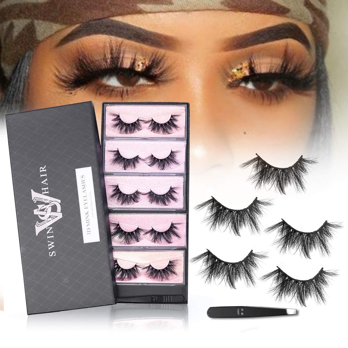 SWINGINGHAIR Mink Lashes Pack, 25mm 5 Pairs Eyelashes Mink Long Dramatic False Eyelashes Wispies Luxury Eyelashes Hand Made Fluffy Fuax Mink Eyelashes with Tweezer Eye Lashes for Women
