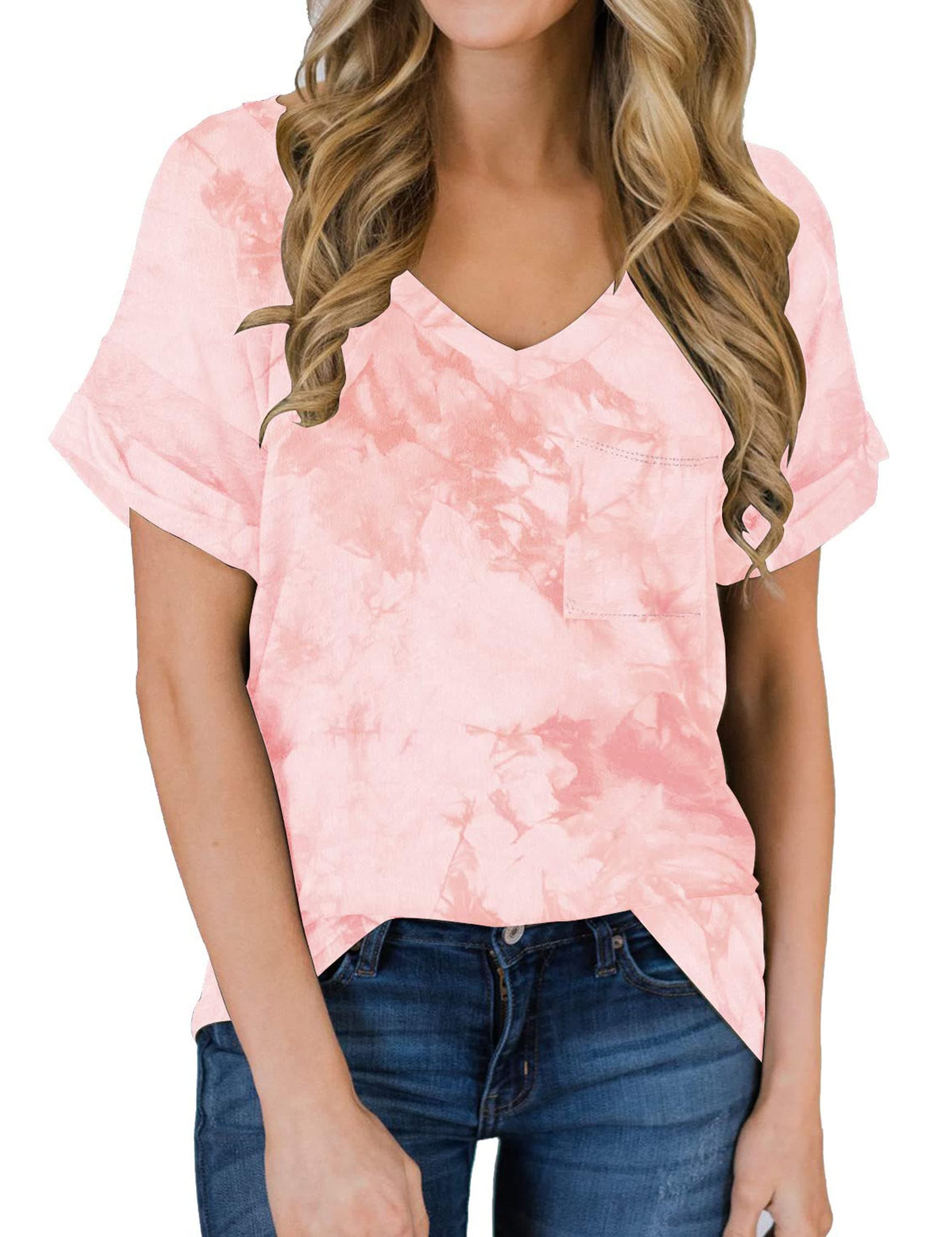 MIHOLL Women's Short Sleeve V-Neck Shirts Loose Casual Tee T-Shirt