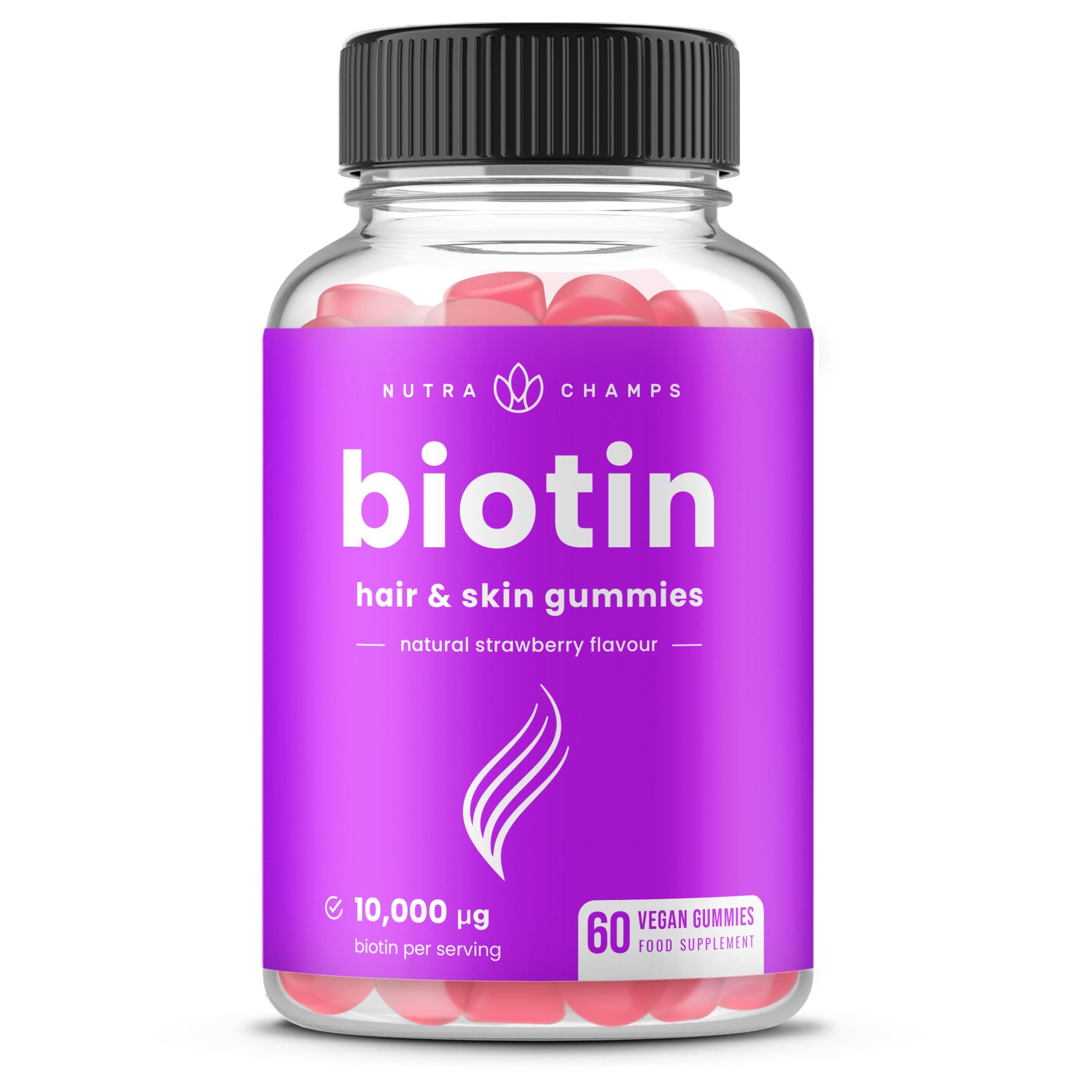 NutraChamps Biotin Gummies 10,000 mcg - Healthy Hair, Skin & Nails for Women, Men & Kids - Vegan, Non-GMO, Hair Vitamins Supplement - Natural Strawberry - 60 Gummies