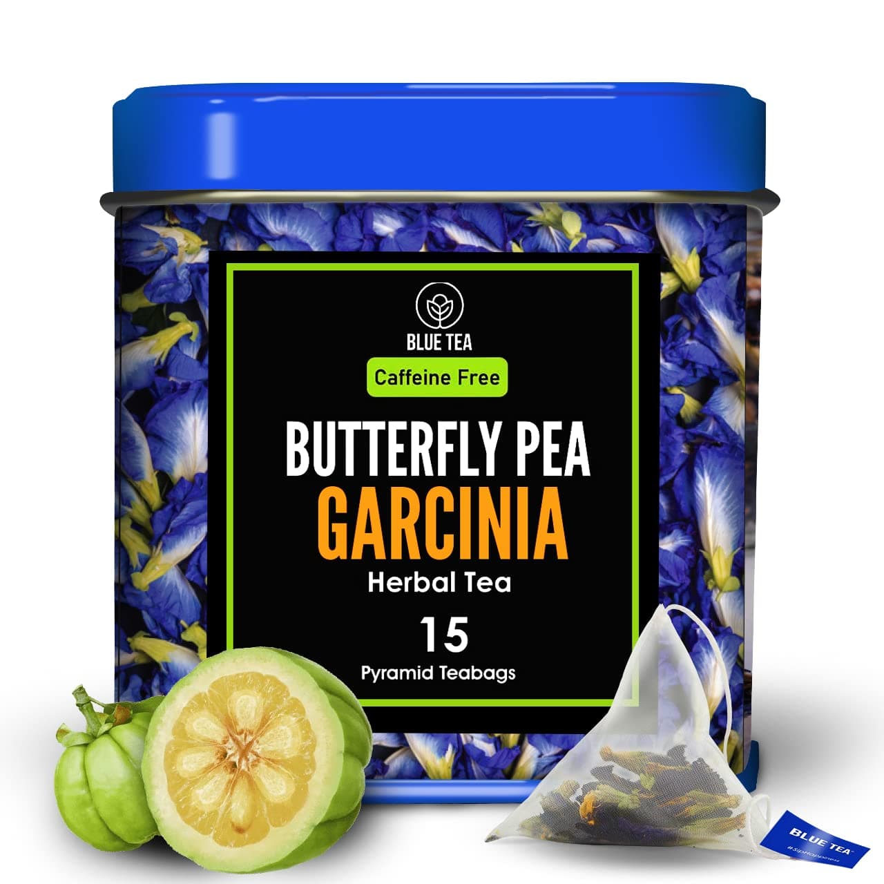 BLUE TEA - Butterfly Pea Flower Garcinia Herbal Tea - 15 Tea Bags | ANTI-OXIDANT RICH | Flower Based - Herbal Tea - Vegan - Caffeine Free - Natural Ingredients - Detox Tea - Non GMO | Tin Pack