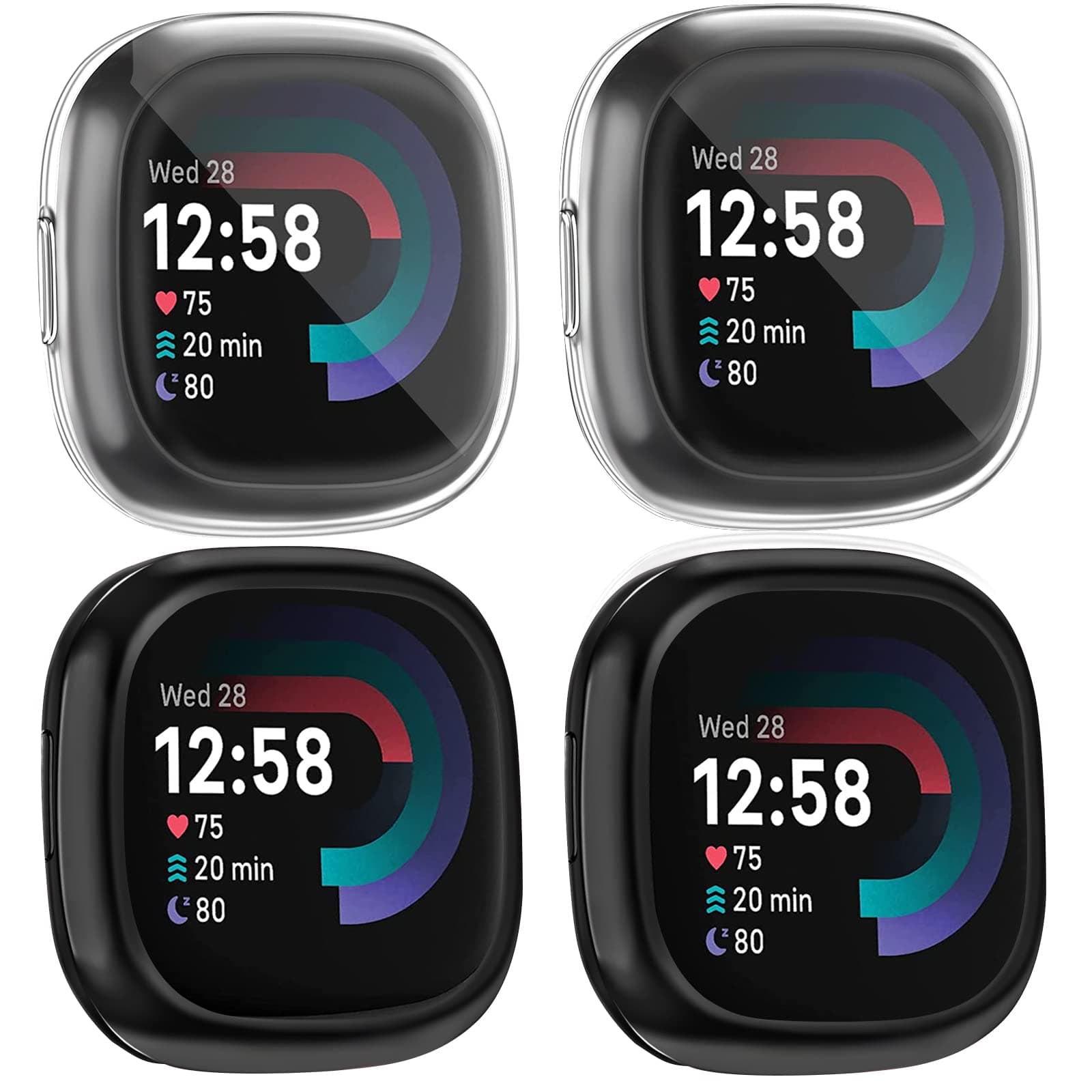 [4 Pack] Screen Protector Case Compatible for Fitbit Sense 2 / Fitbit Versa 4, Slim Fit Full Protective Cover Shockproof Bumper Glossy Soft TPU Sense 2 Smartwatch Case Cover (Black+Black+Clear+Clear)