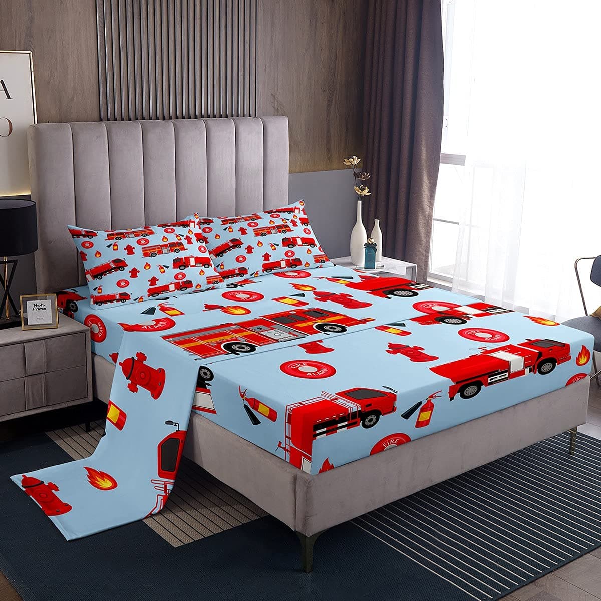 Loussiesd Kids Car Sheet Set Boys Fire Engine Bed Sheets Red Fire Truck Vehicle Bed Sheets Set for Girls Child Teens Bedding Set Double Size With 2 Pillow Case