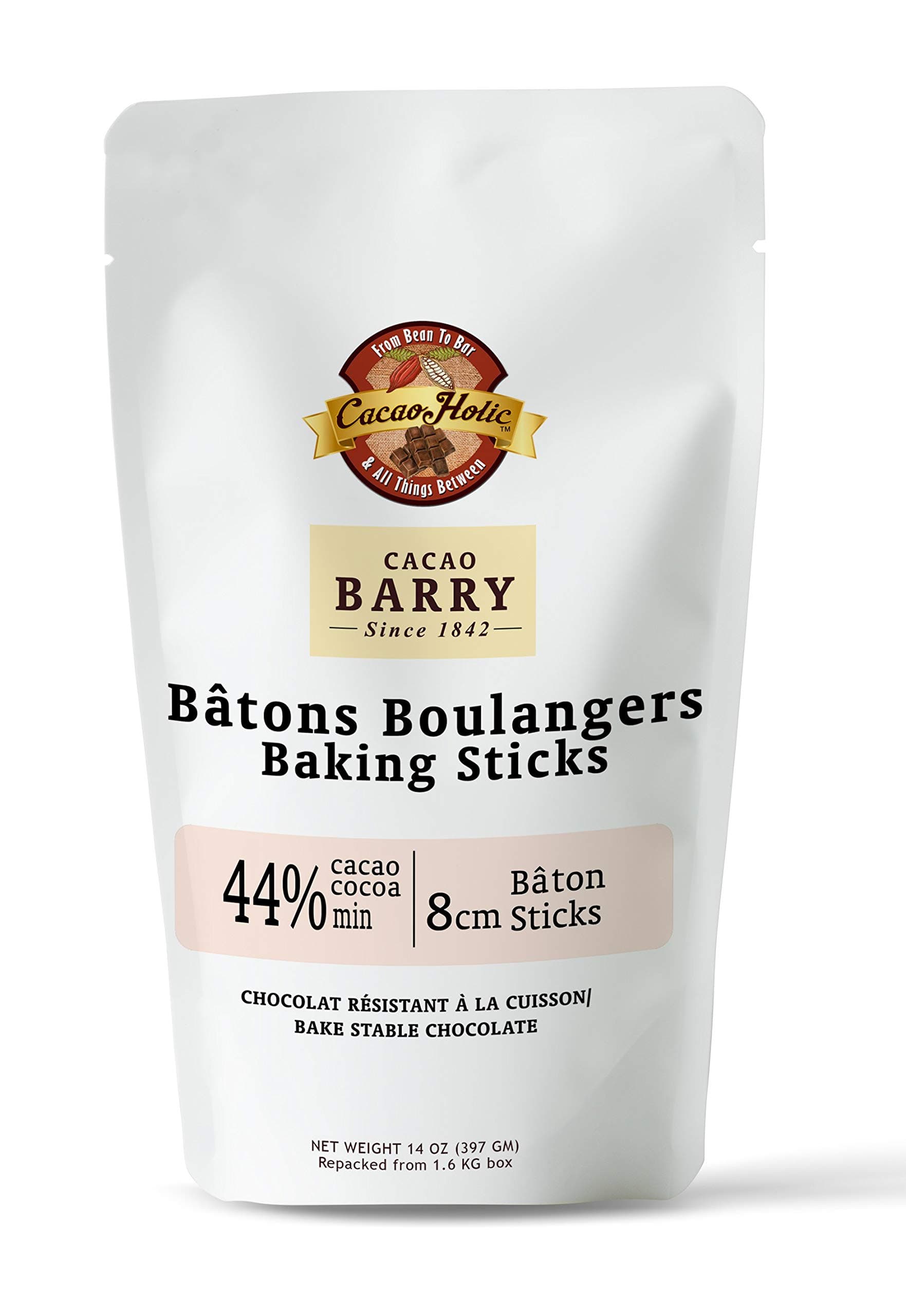 14 OZ Cacaoholic Chocolate Baking Sticks, Batons Boulangers | 3in/8cm Length - 44% Cocoa | Bake Stable Chocolate Croissants | Resealable Stand Up Pouch