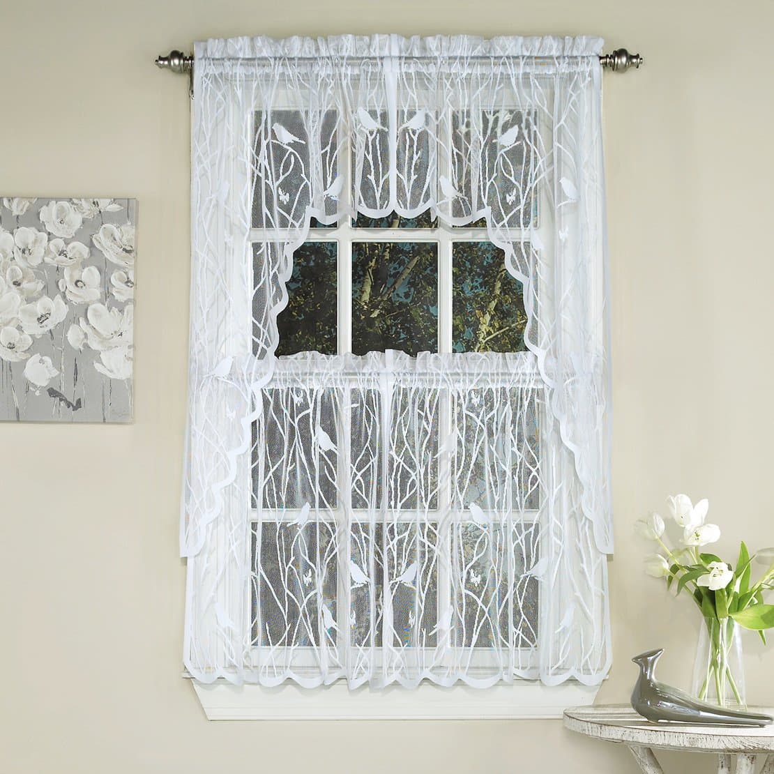 Songbird Lace Kitchen Tier Curtain Pair, 56W x 36L, Ivory
