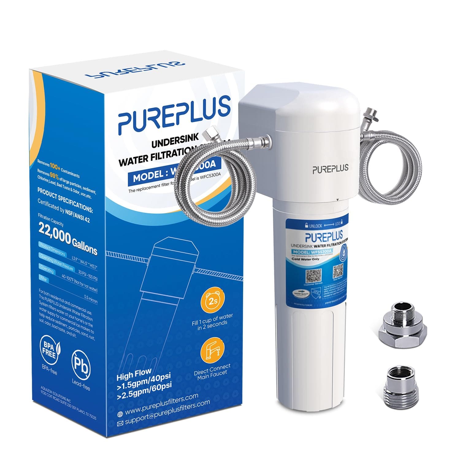 PUREPLUS Under Sink Water Filter, 22000 Gallons, 99.99% Chlorine Reduction, NSF/ANSI Certified Direct Connect Under Counter Water Filtration System