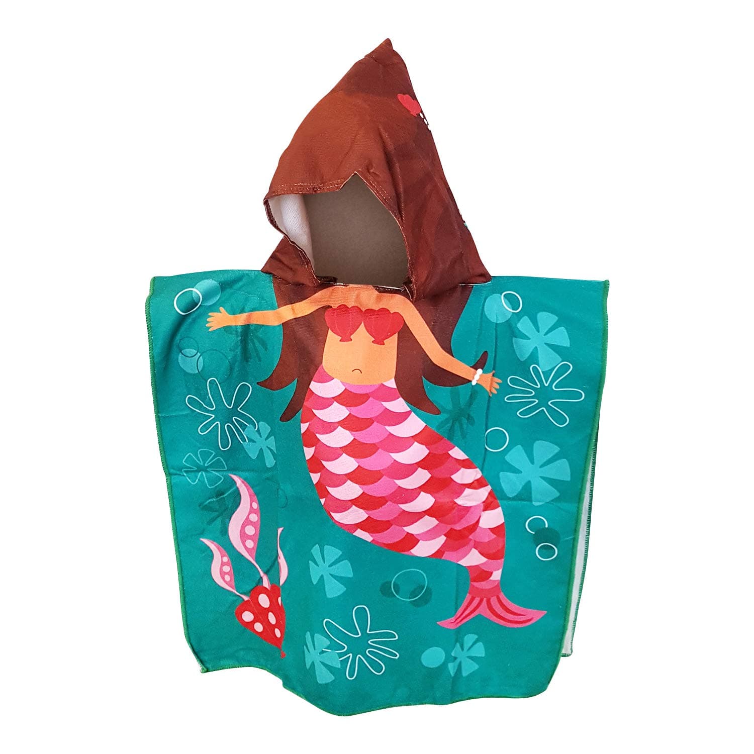 White Kaiman Kids Hooded Beach, Pool & Bath Towel Soft Microfiber Multi-Purpose Poncho Swim Cover Changing Robe w/Fun Characters (Brunette Mermaid)