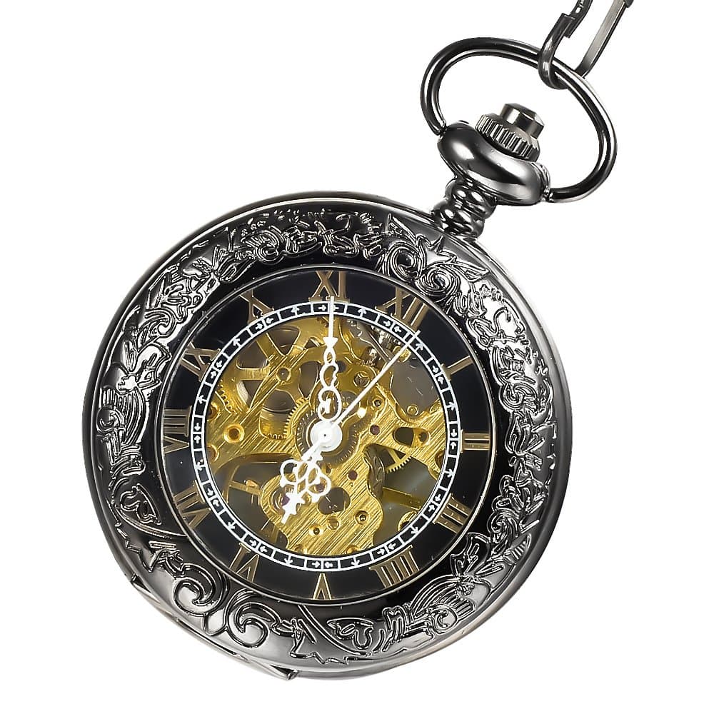 Mudder Mens Black Stainless Steel Case Black Dial Antique Mechanical Pocket Watch with Chain