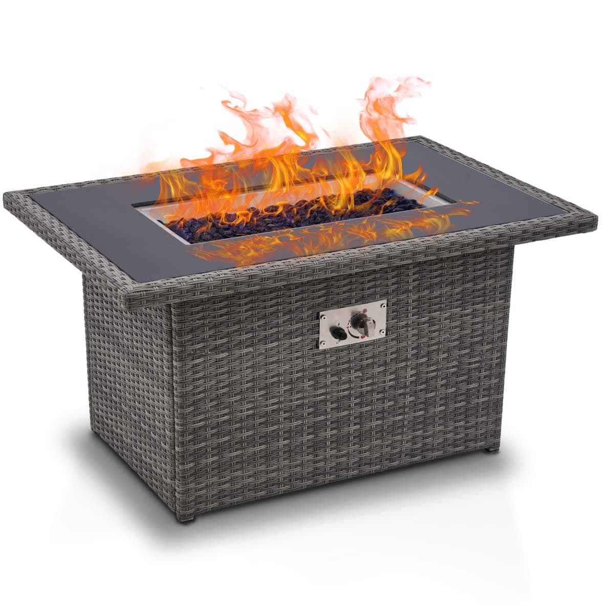 40 Inch PE Rattan Outdoor Gas Fire Table, 50,000 BTU Propane Fire Pit Table, 2-in-1, Blue Stone Wind Guard Rain Cover Included, Gray, Rectangle