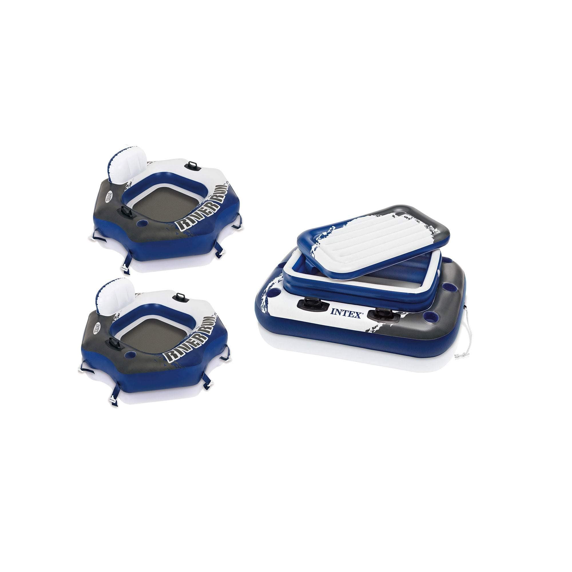 River Run Single Person Inflatable Floating Pool Chairs (Set of 2) Bundled with Inflatable Mega Chill II 72 Can Beverage Cooler Water Float