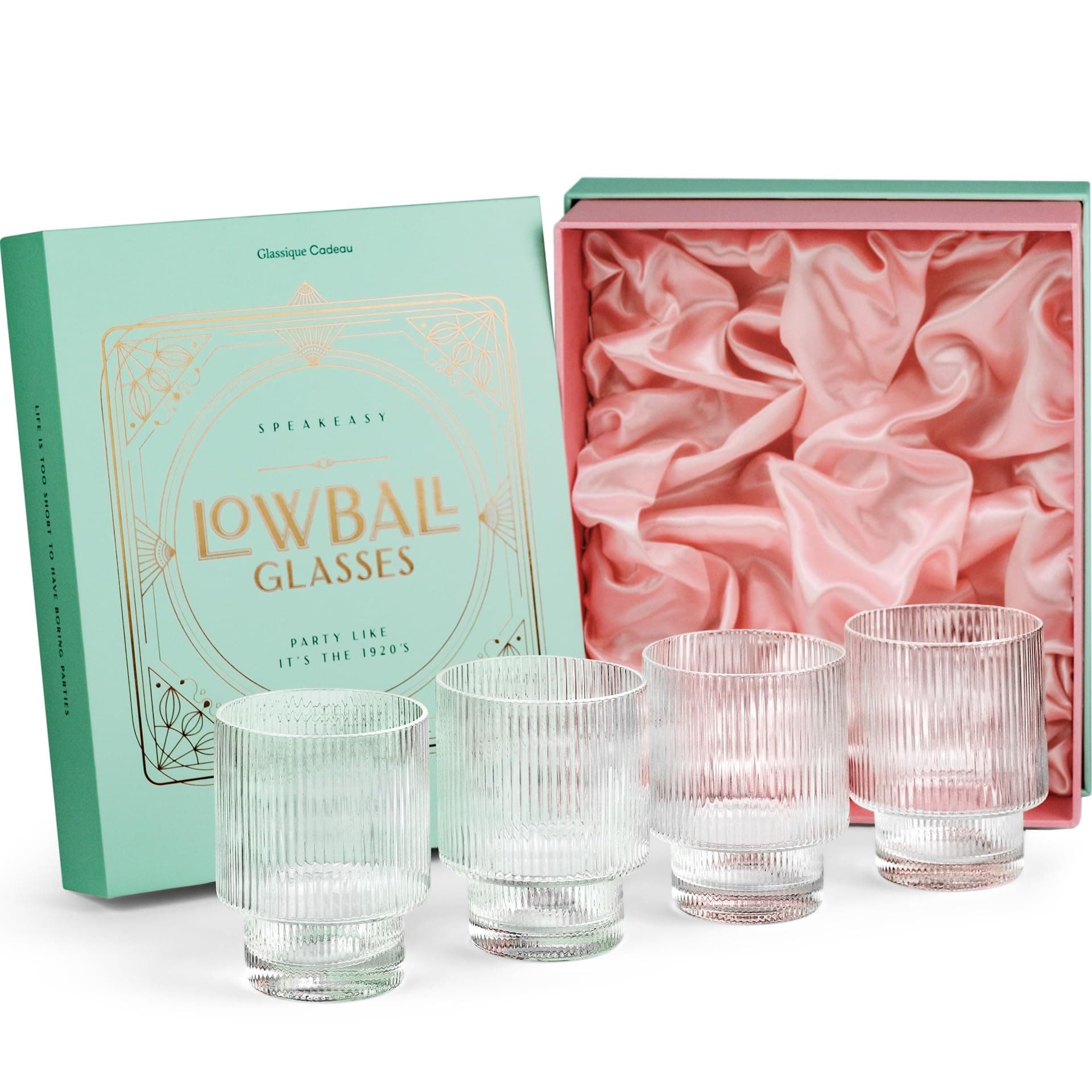 Vintage Art Deco Ribbed Lowball Cocktail Glasses | Set of 4 | 12 oz Crystal Double Old Fashioned Tumblers for Drinking Classic Whiskey, Gin, Vodka Bar Drinks | Round Glassware