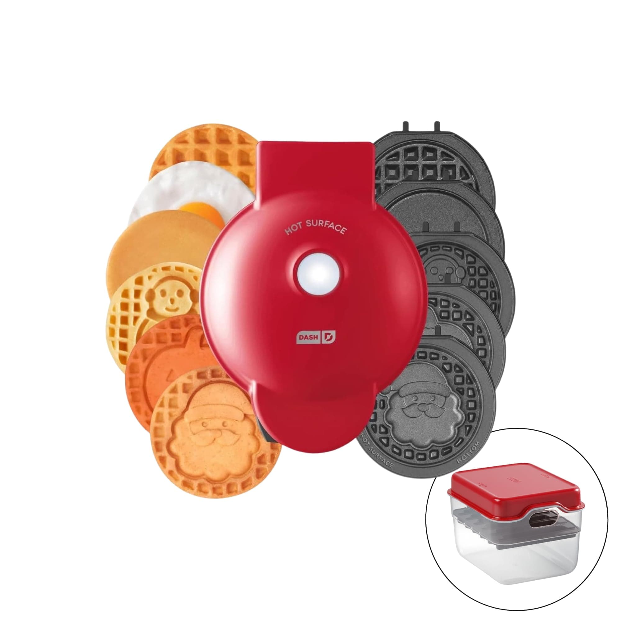 Multimaker with 7 Removable Plates: Waffle Iron & Griddle + 3 Themed Plates - Santa Pumpkin Snowman - Mini Waffle for Halloween and Christmas Holidays - for Kids and Families (Red)