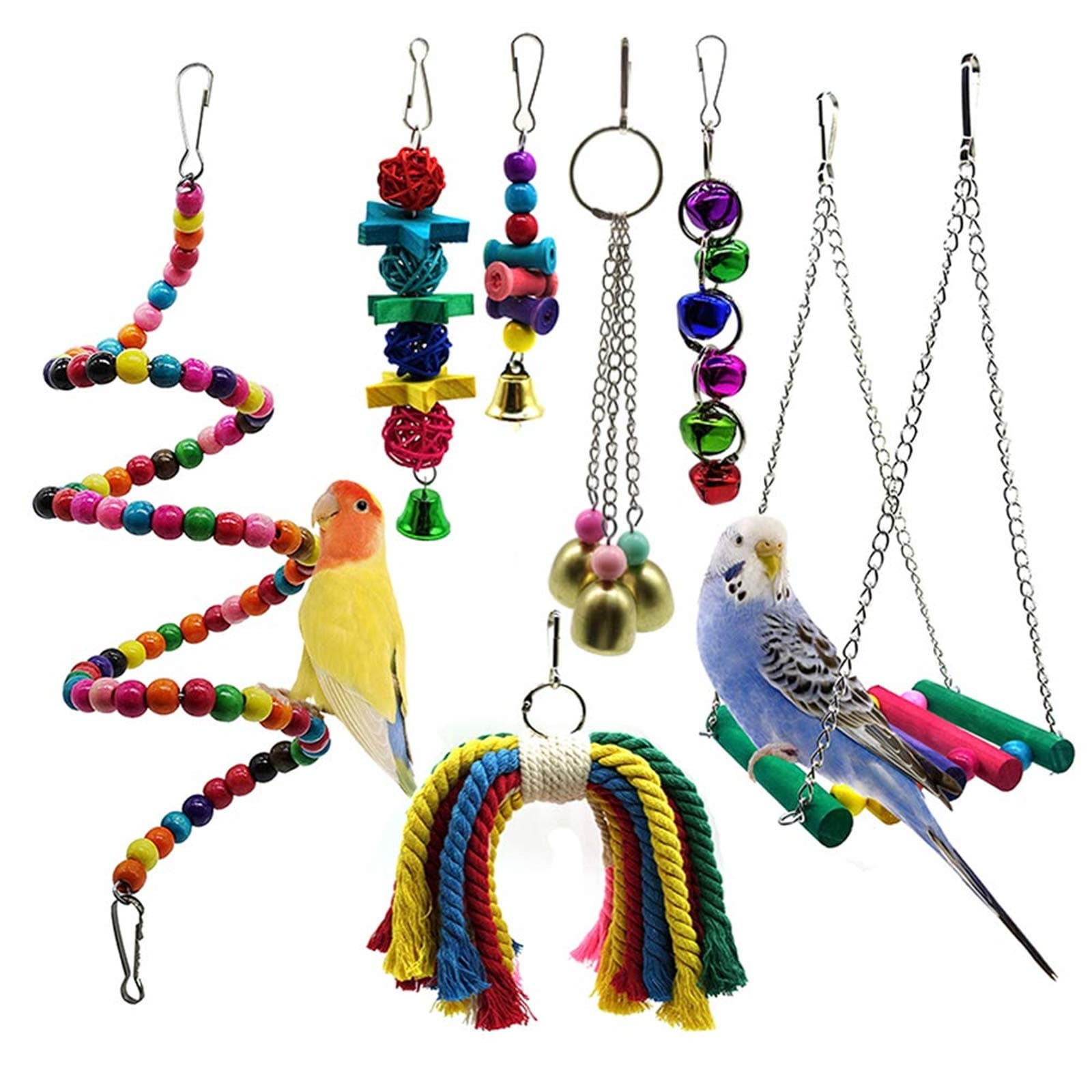STAJOY Bird Toys,7 Packs Parakeet Bird Cage Toys Swing Chewing Hanging Parrot Perches with Bell,Wooden Ladder Hammock for Conures,Cockatiels,Budgie and Lovely Birds