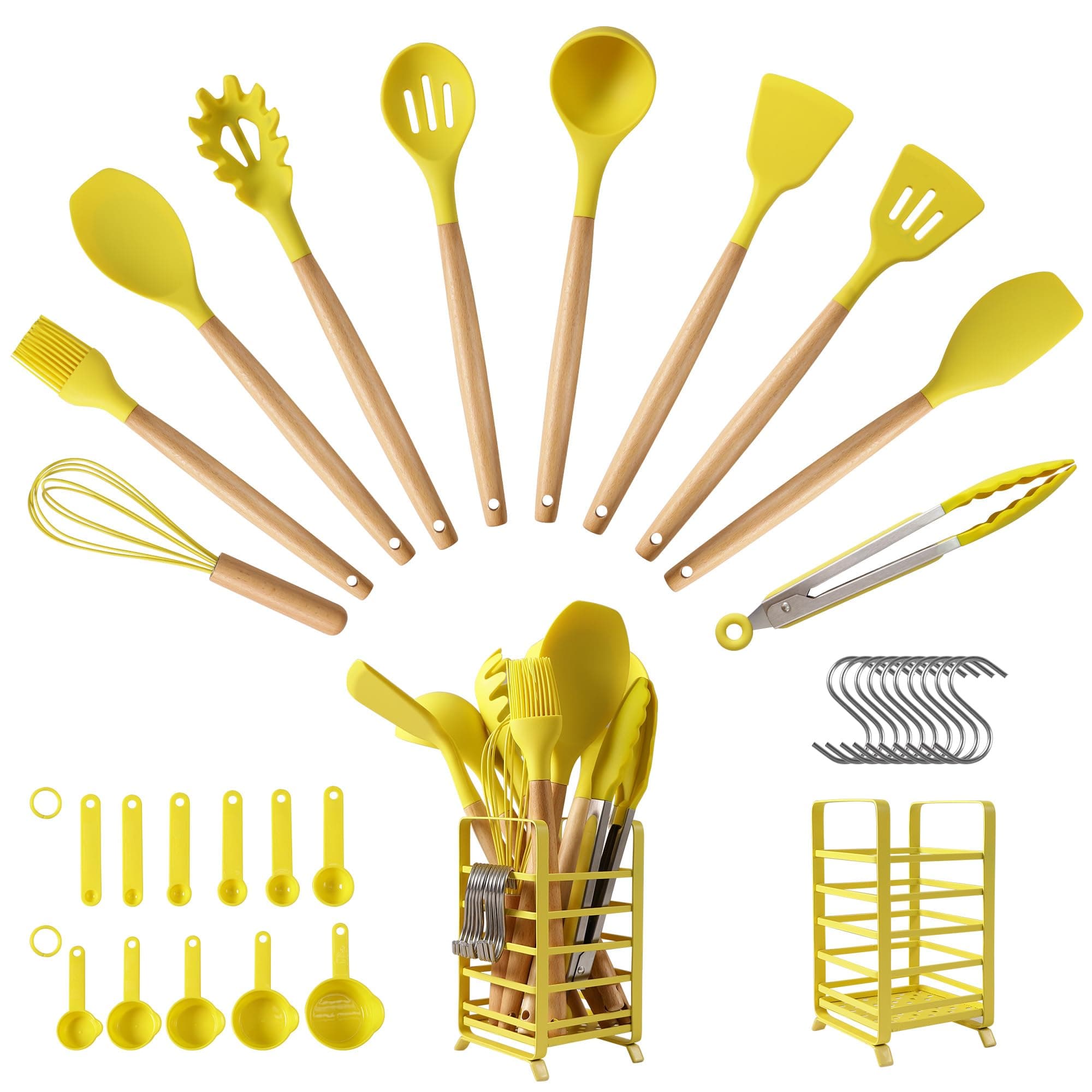 hecef Kitchen Utensils Set, 32 PCS Silicone Cooking Spatula Turner with Stainless Steel Holder, 446°F Heat Resistant Food Grade Kitchen Gadgets Tools Set Wooden Handle for Nonstick Cookware(Yellow)