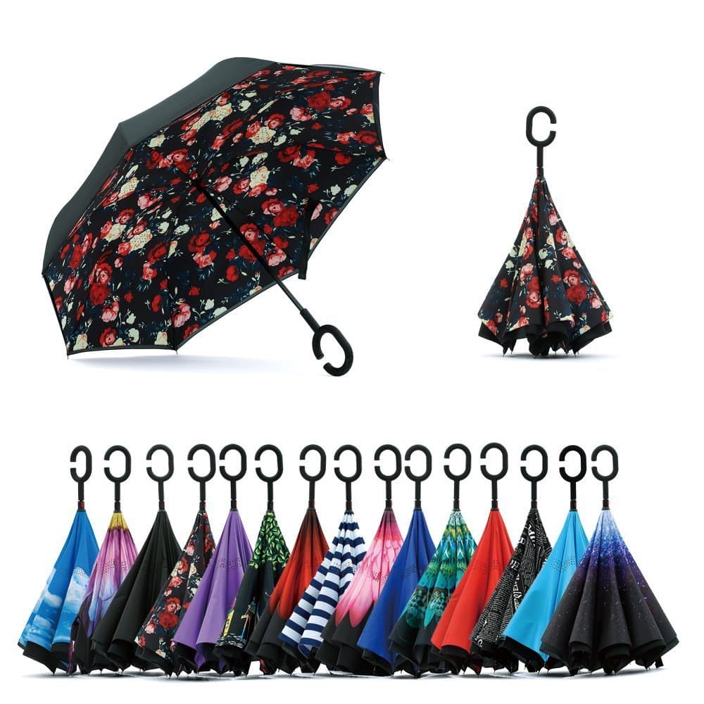Jooayou Double Layer Inverted Umbrella, C Shape Handle Reverse Folding Umbrella, Anti-UV Windproof Travel Umbrella with Carrying Bag