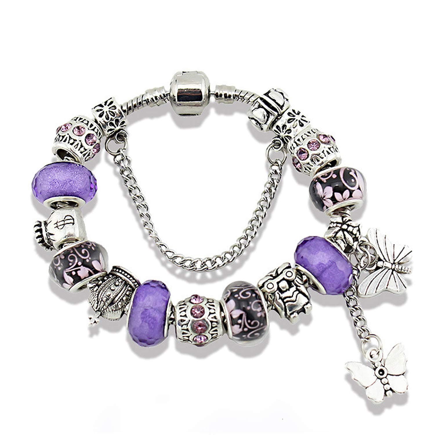 MUERDOU Mother Charms Bracelet for Women Murano Glass Beads Butterfly Flower Charms Amethyst Bracelets