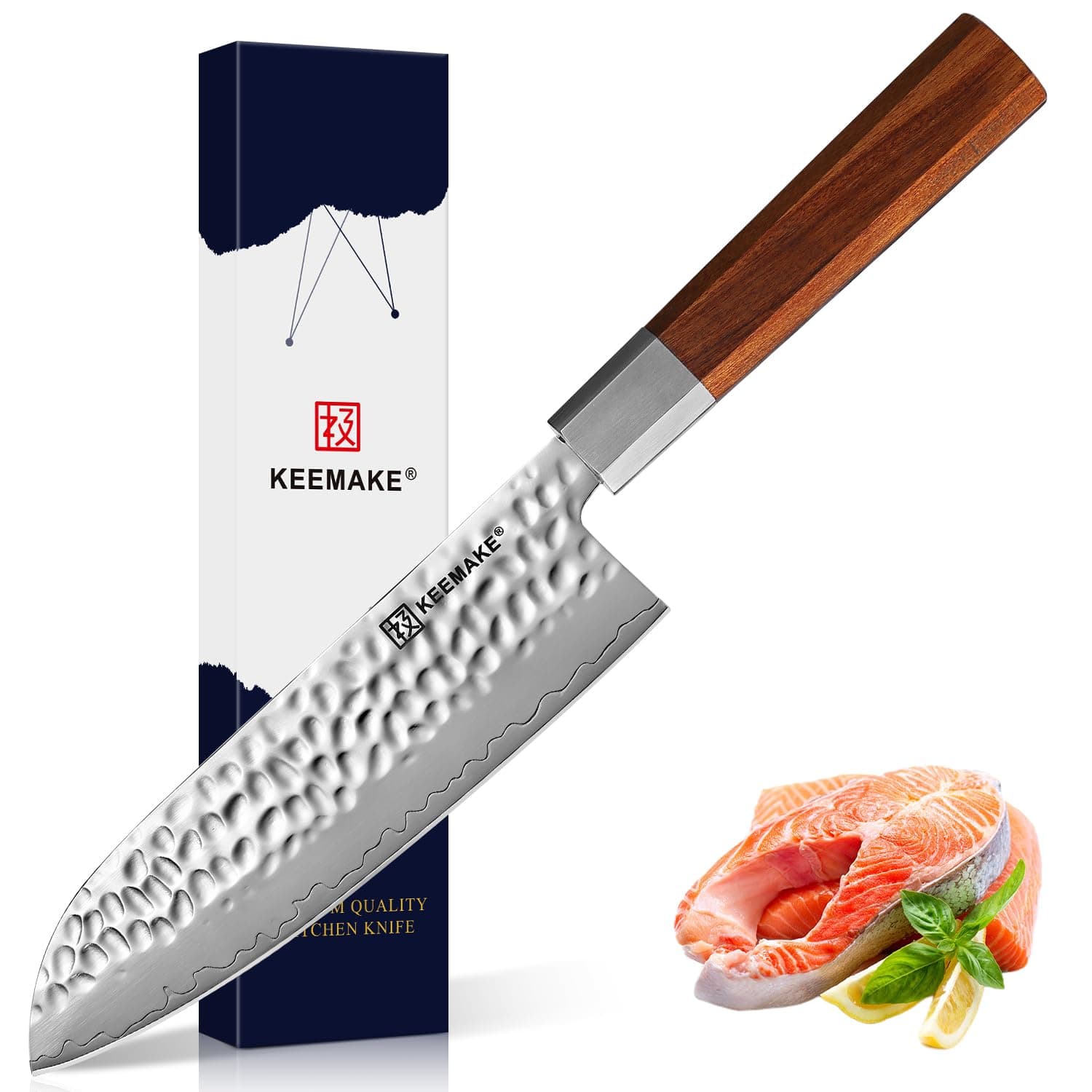 KEEMAKE Santoku Knife 7 inch Kitchen Knife Japanese Chef Knife with w/octagon Ebony Handle,Forged German High Carbon Steel Asian Vegetable Knife -