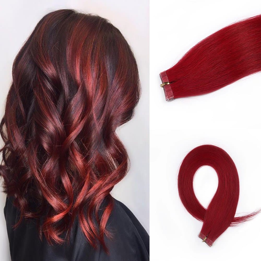 HAIQUAN Deep Red 20Pcs Tape In Human Hair Extensions 20" 30g/pack Slilky Straight Seamless Skin Weft Remy Hair