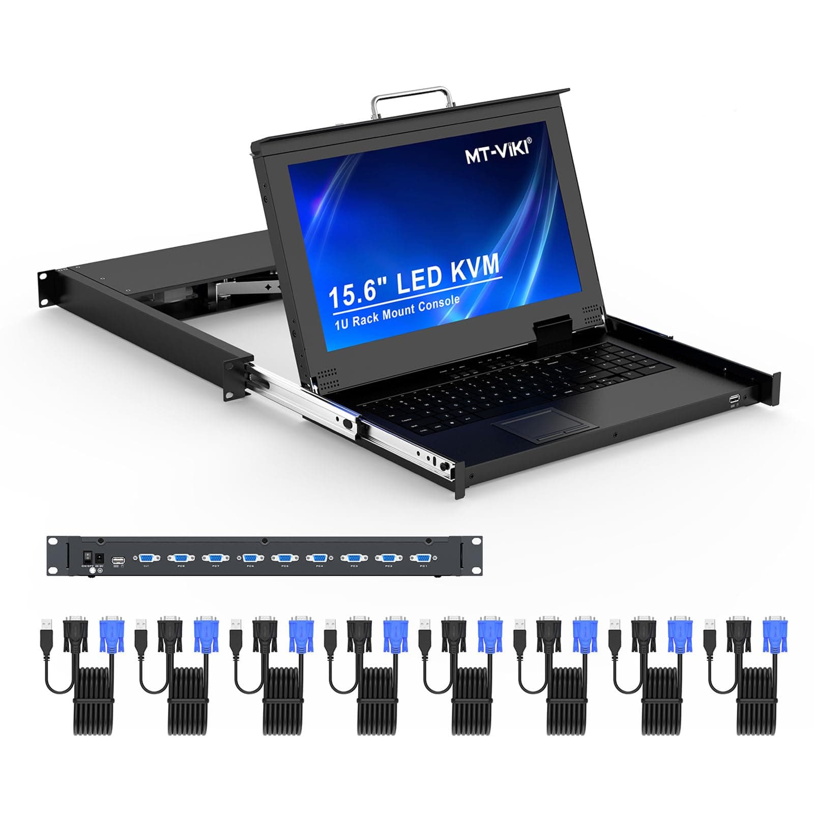 - MT-VIKI Rack Mount KVM, 8 Port VGA KVM Switch w/15.6'' LCD Monitor, 1080P, Mount into 23.6-31.5'' deep Server Cabinet, Integrated Touchpad+Keyboard+8 KVM Cables