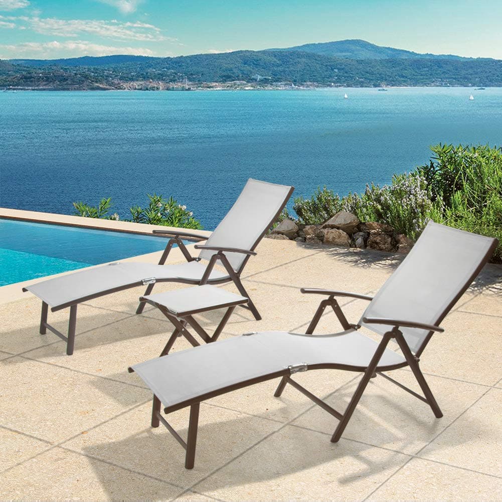 Crestlive Products Folding Patio Chaise Lounge Chair for Outside, Aluminum Adjustable Outdoor Pool Recliner Chair, Brown Frame, 8 Positions