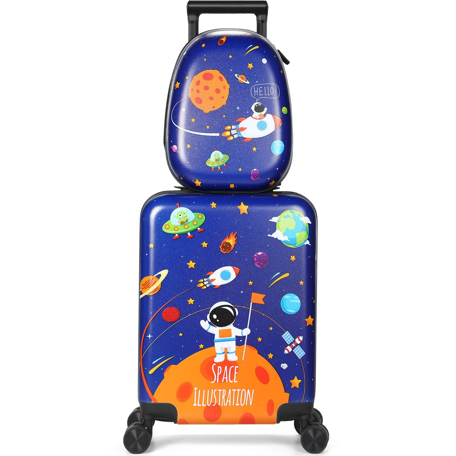 Kids Luggage and Backpack 18" Suitcase with Spinner Wheel Hard Case Travel 13" Backpack Girl Suitcase Set for Kids Travel Supplies(Blue,Spaceman Style)