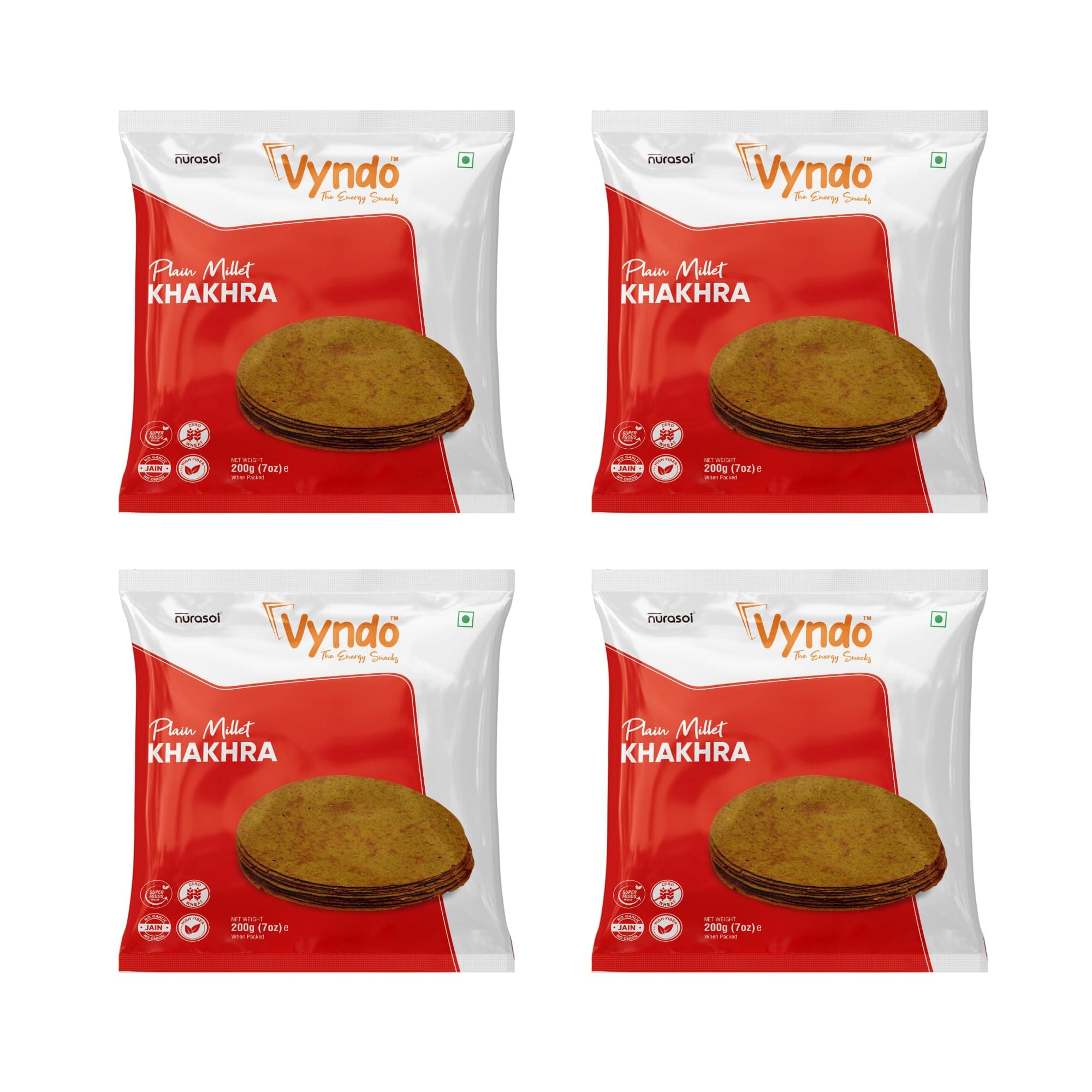 Vyndo Plain Millet Khakhra 200g (Pack of 4), Dry & Gujarati Snacks Made with Millets, High in Protein and Fiber, Gluten Free and Healthy Snack For Kids & Adults with No Palm Oil