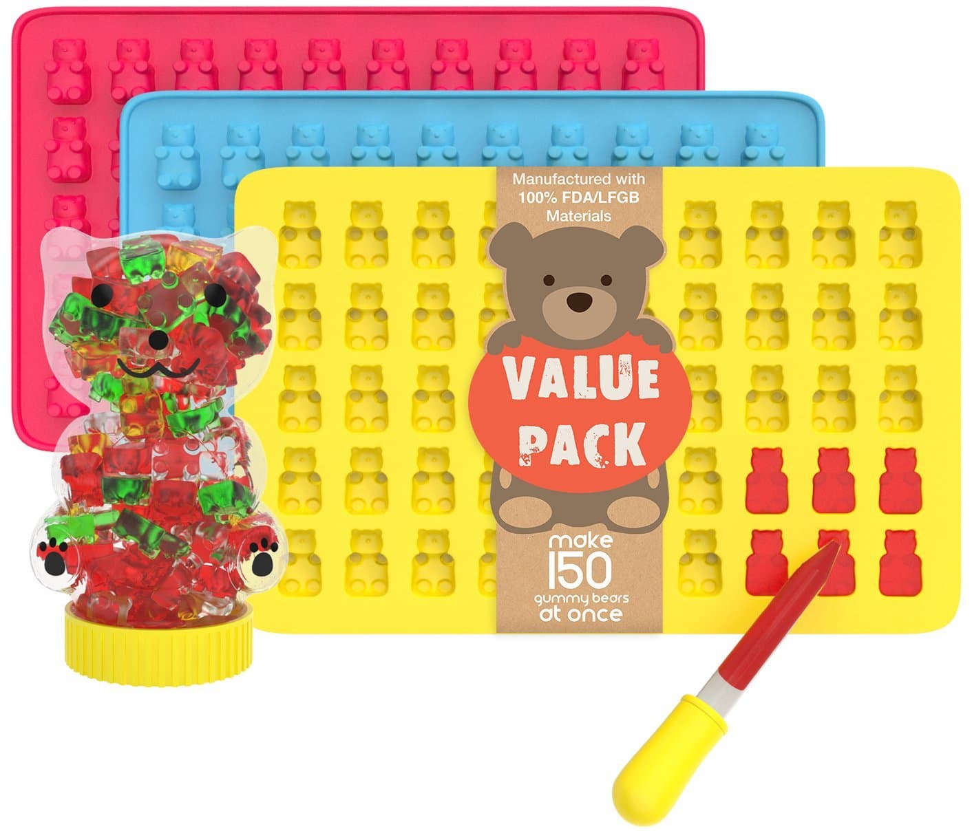 Silicone Gummy Bear Mold VALUE PACK Kit + Bonus Bear Container & Dropper - BPA Free 3-Pack Molds 150 Gummies At Once - Best for Natural Healthy Vitamin Fruit Candy Cakes & More