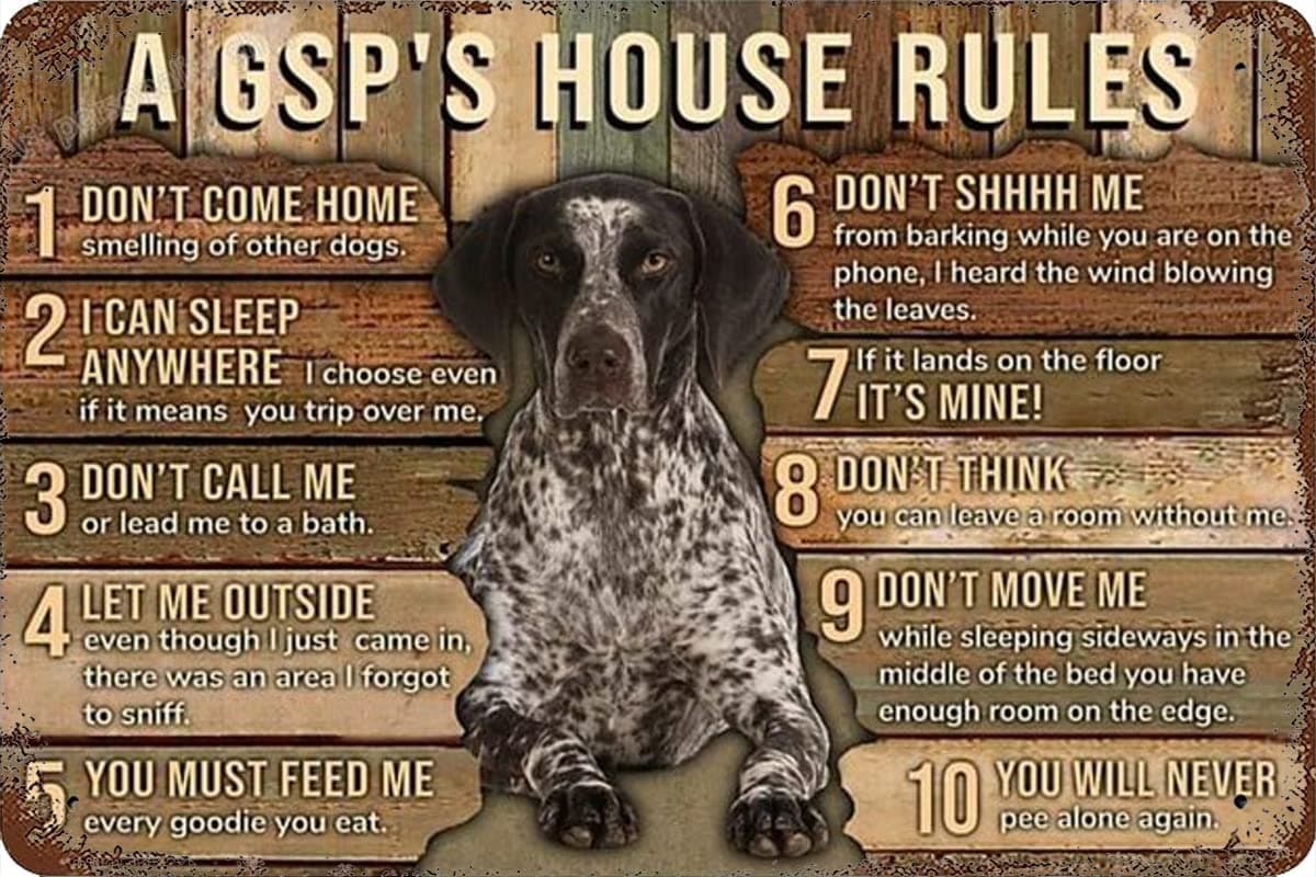 XiddxuGerman Shorthaired Dog Poster Metal Tin Sign A Gsp's House Rules Aluminum Metal Home Poster Plaque Home Club Store Bar Cafe Farm Metal Wall 8x12inch