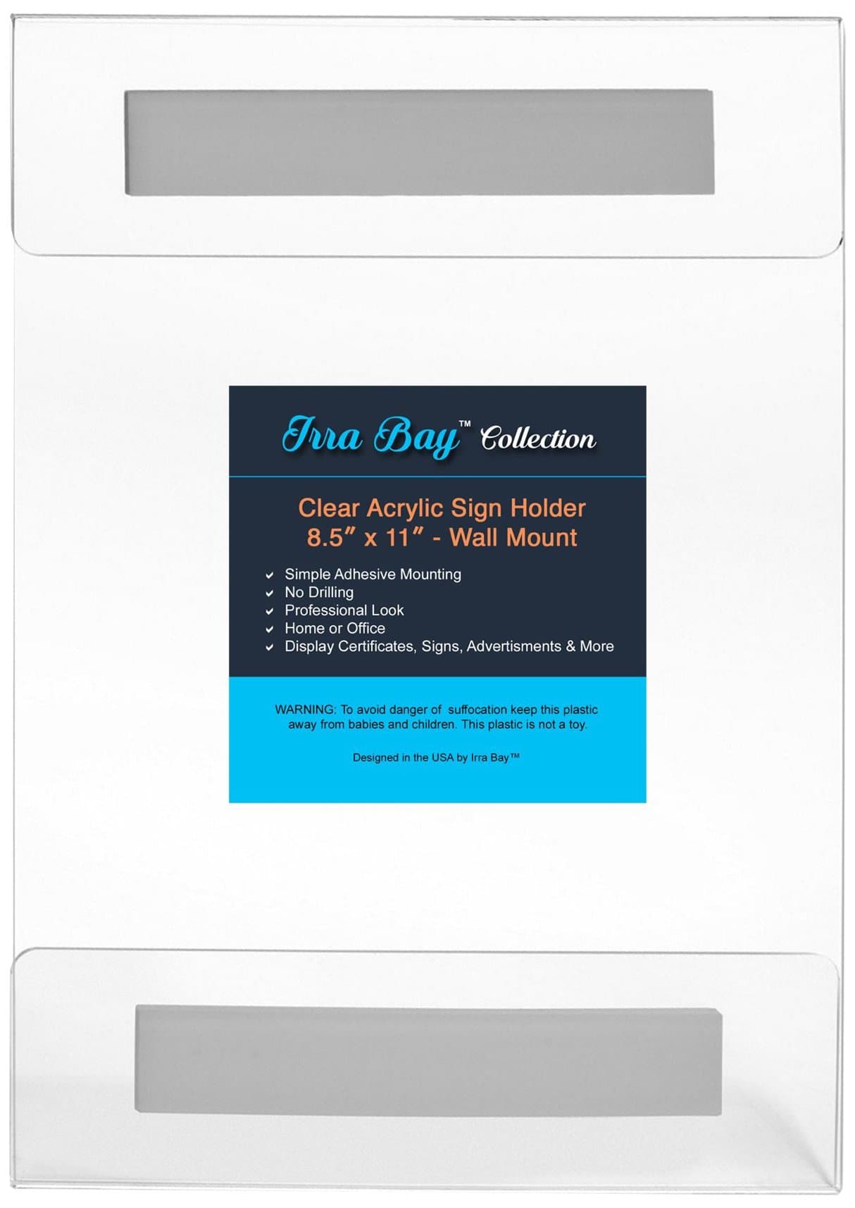 8.5 x 11 Wall Mount Acrylic Sign Holder with Adhesive, No Drilling by Irra Bay (Pack of 1)