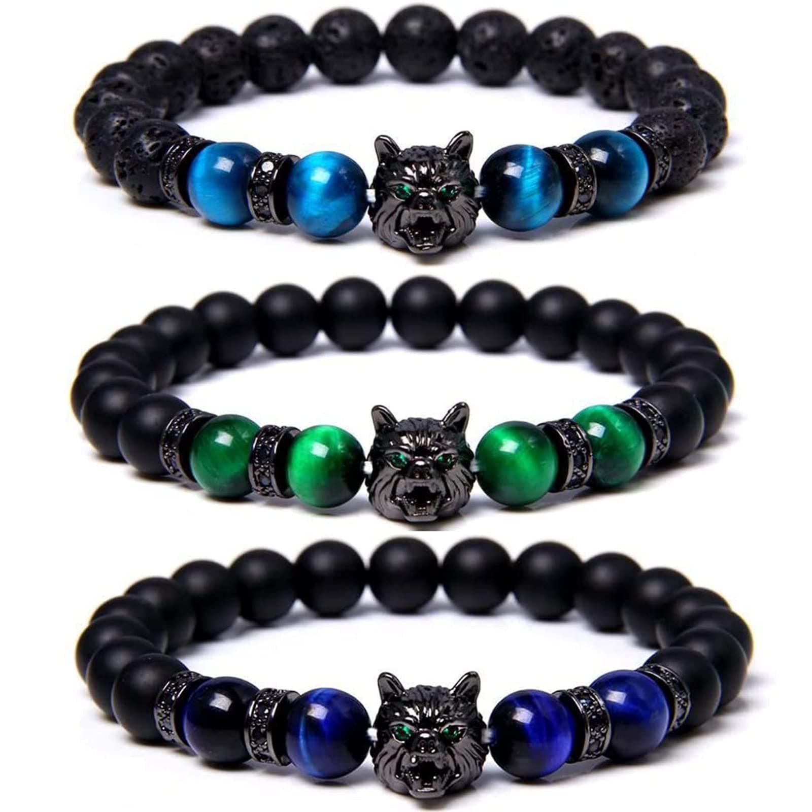 3Pcs Save A Wolf Bracelet,Wolf Head Lava Rock Bracelet,Healing Crystal Stress Relief Anti Anxiety Energy Stone Beaded Bracelet,Adjustable Bracelet for Men (Set)