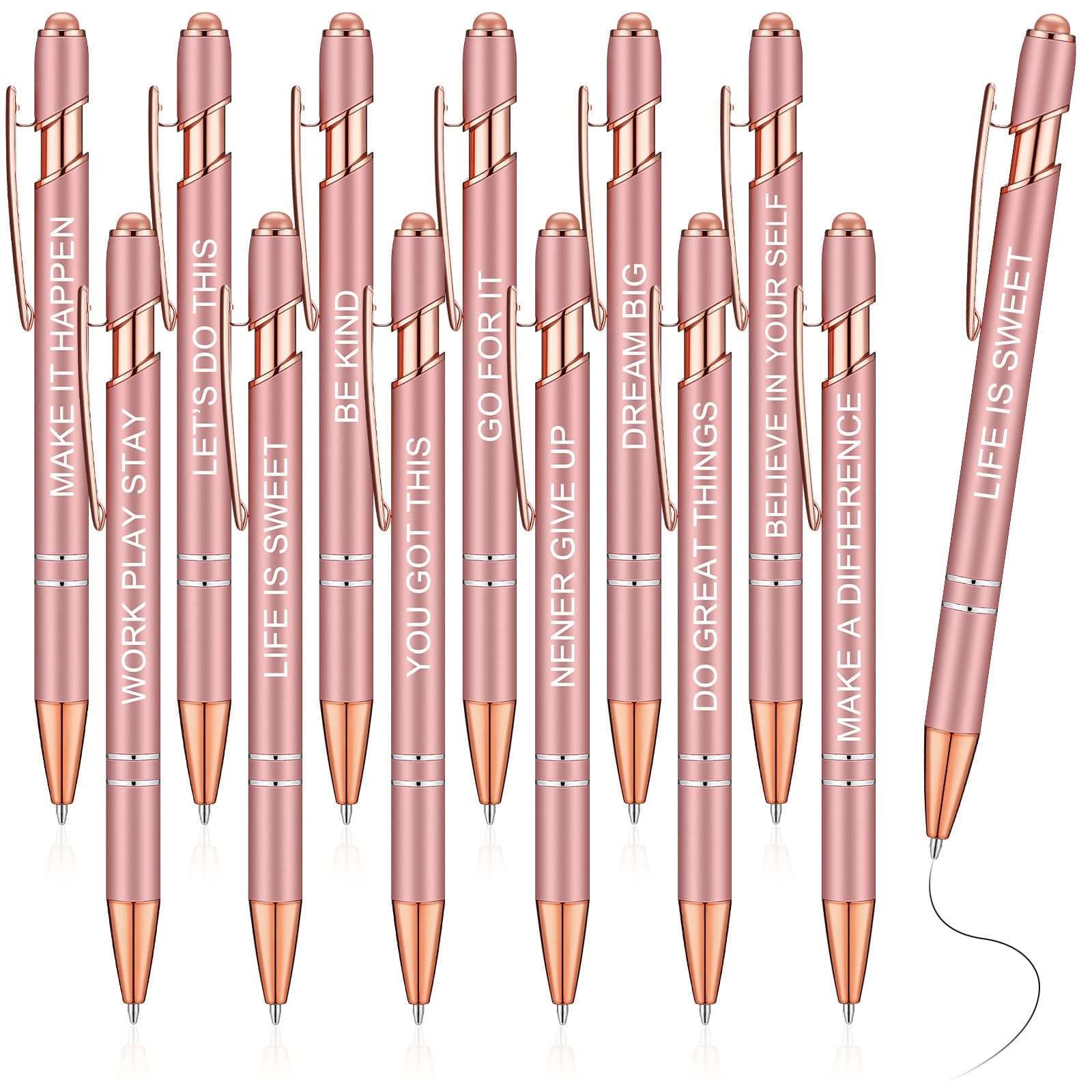 Zonon 12 Pieces Inspirational Motivational Quotes Ballpoint Pens with Stylus Tip Fine Point Smooth Writing Pens Metal Black Ink Pens Stylus Pen Set(Motivational Style, Rose Gold)