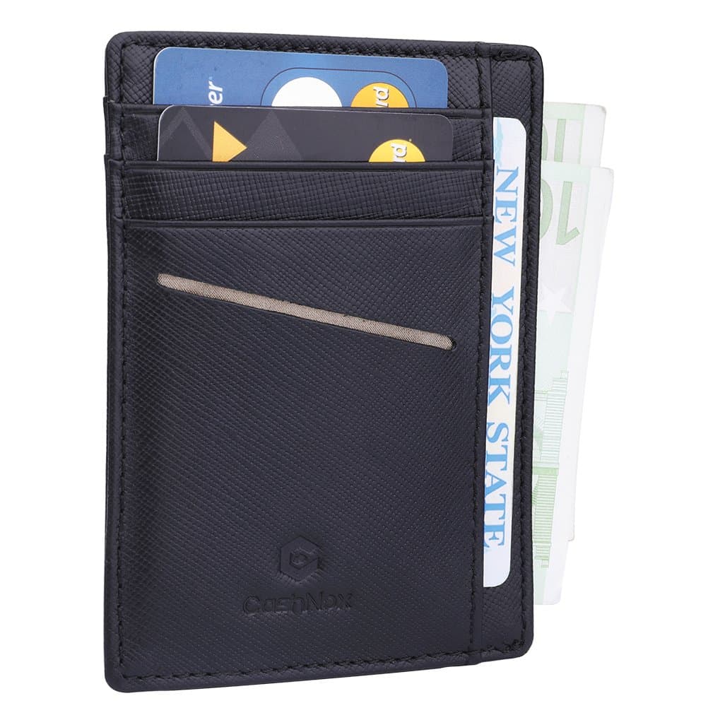 Cashnox Slim Leather RFID Blocking Front Pocket Wallet Credit Card Holder (#007Saffiano Black)