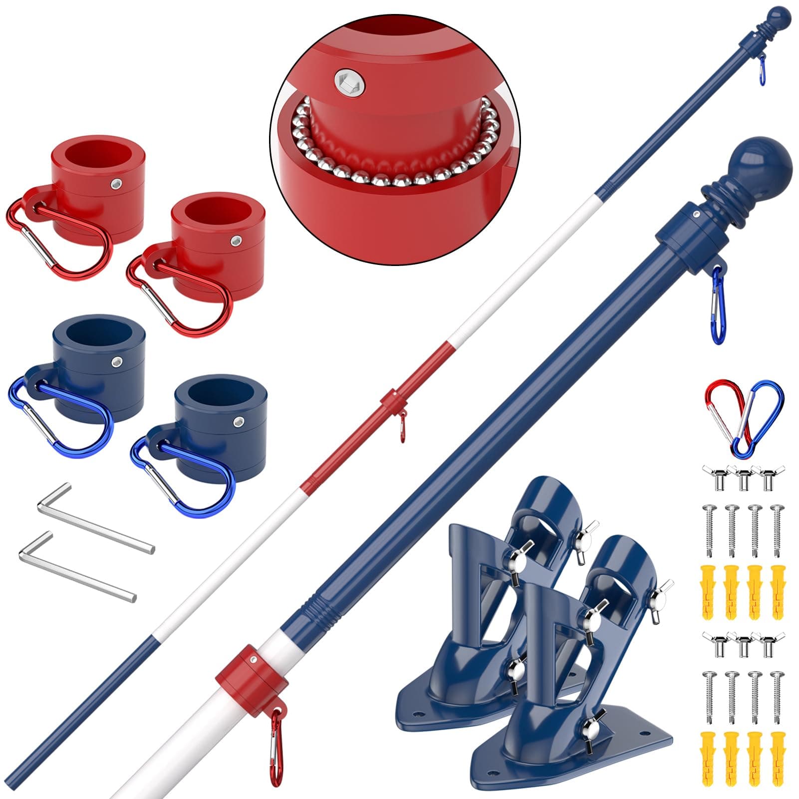 ZMTECH Flag Pole - Upgraded Bracket,(2 Packs) 6 FT Stainless Steel Flag Poles for Outside House, Residential or Commerical, Tangle Free Flag Pole Kit (Without Flag, Blue&White&Red)